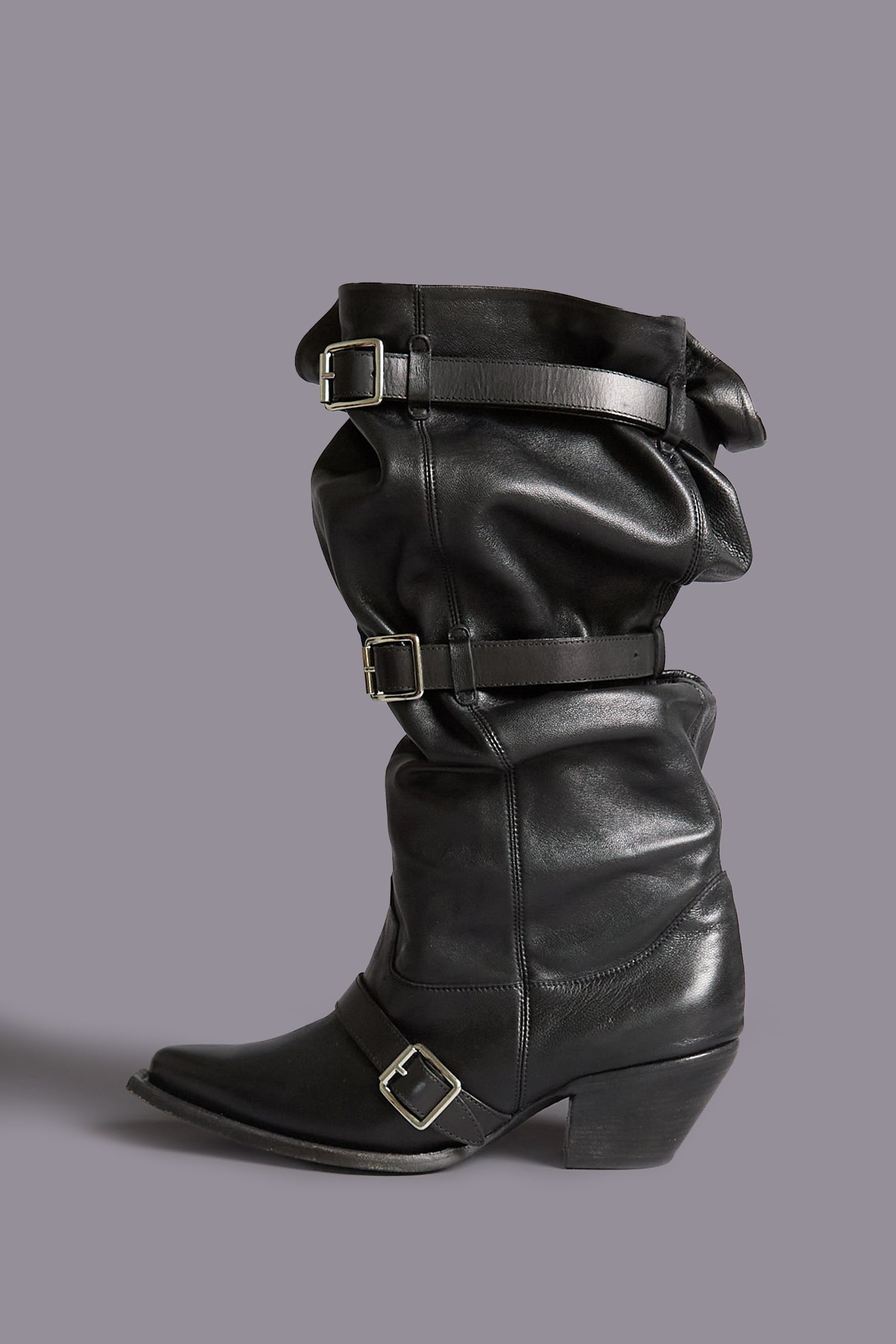 BUCKLED-UP SLOUCH COWBOY BOOT - BLACK - R13