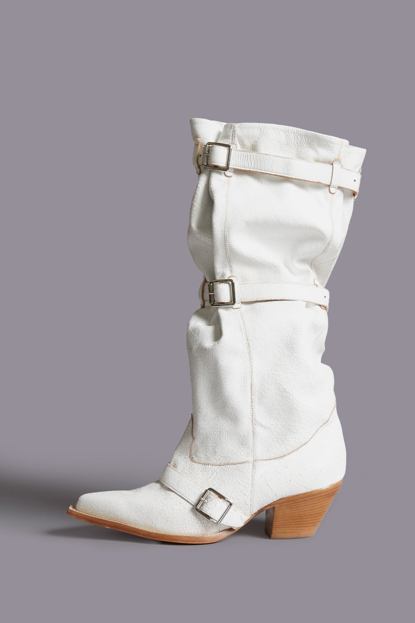 BUCKLED-UP SLOUCH COWBOY BOOT - CRACKLE WHITE - R13