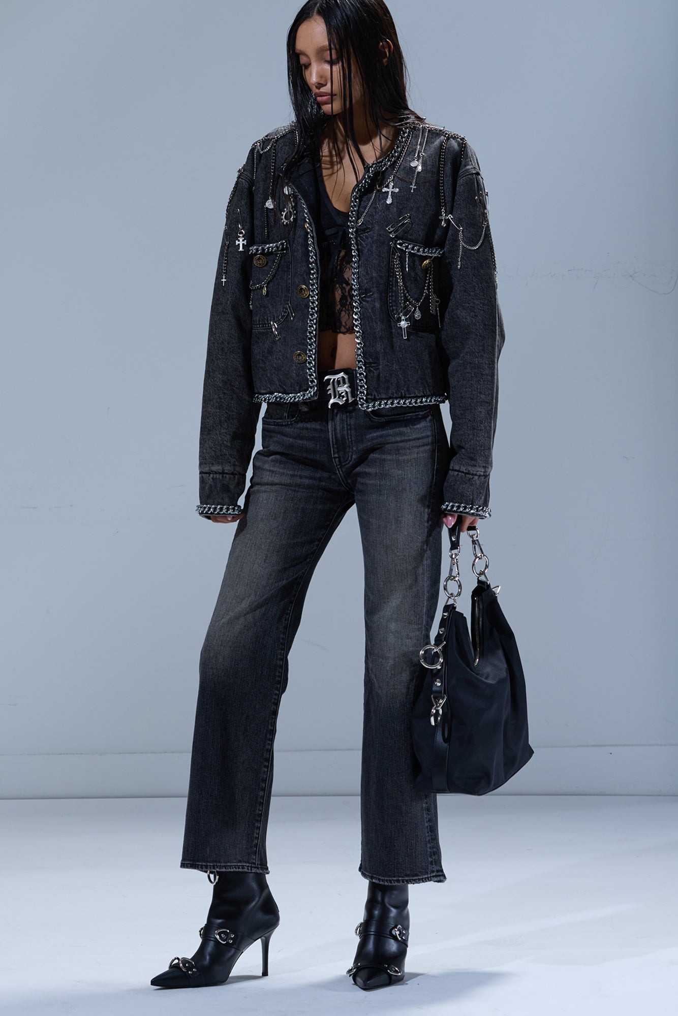 CHAIN EMBELLISHED CROPPED CHORE JACKET - DUSKY GREY - R13