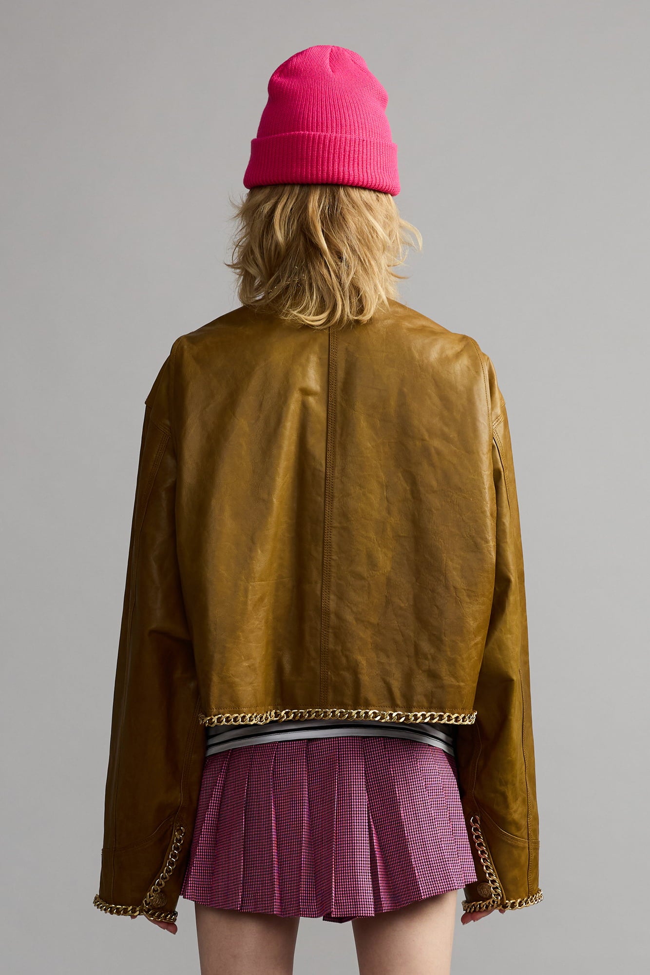Chain Embellished Cropped Leather Jacket - Olive Green Leather - R13