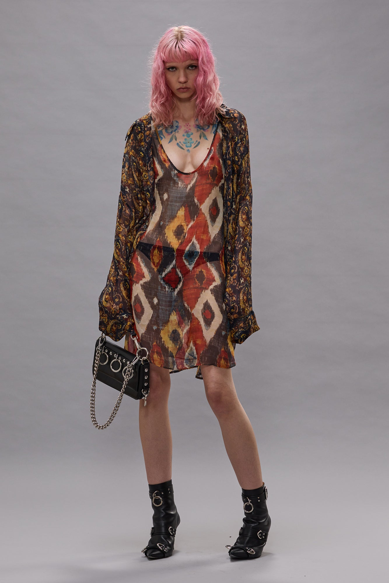 chiffon combo dress Button Up Long Sleeve Chiffon Collar, Darlington Shirt Mini Dress in Brown, Size M, For Brunch