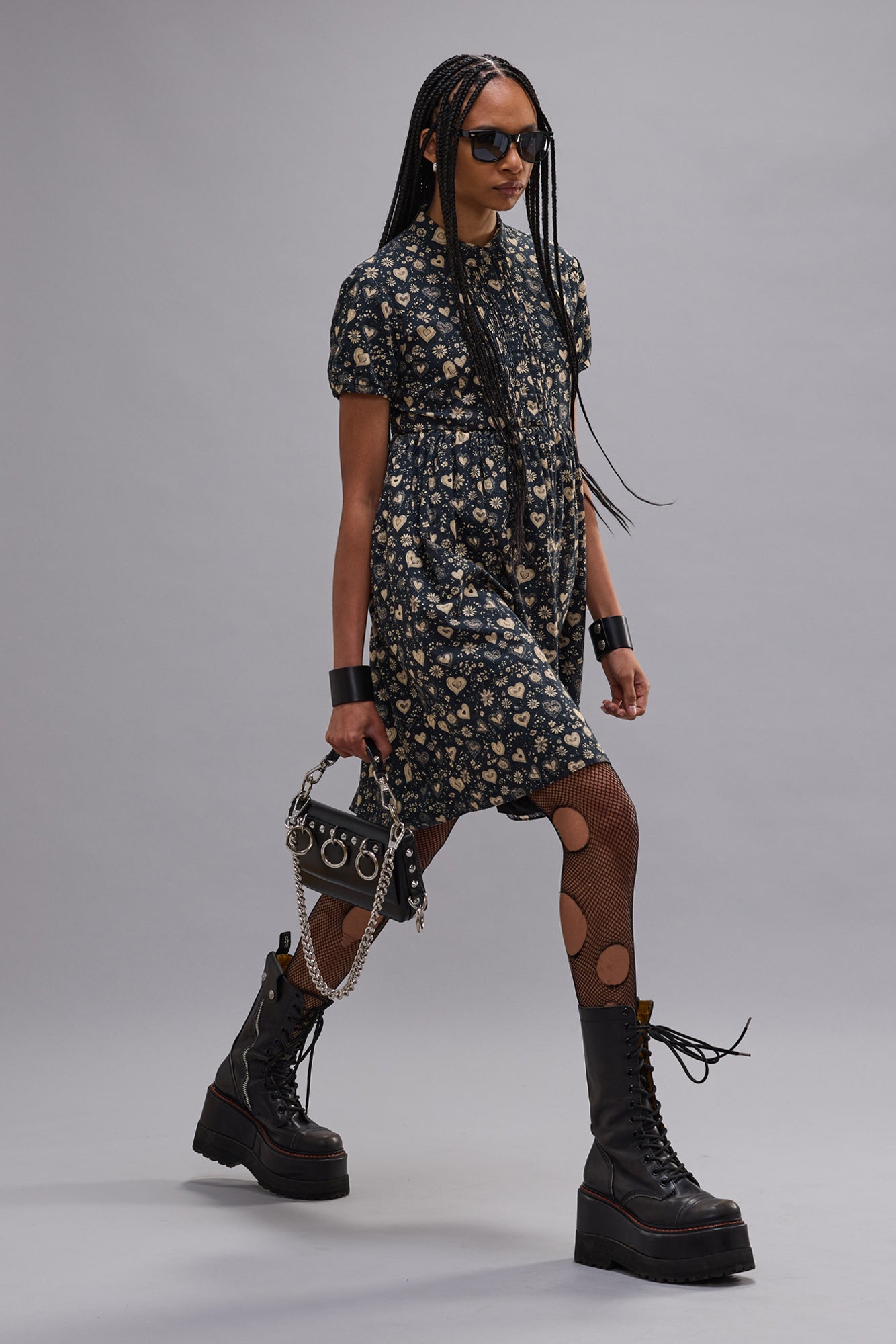 COLLARED BABYDOLL DRESS - MINI HEARTS ON BLACK - R13