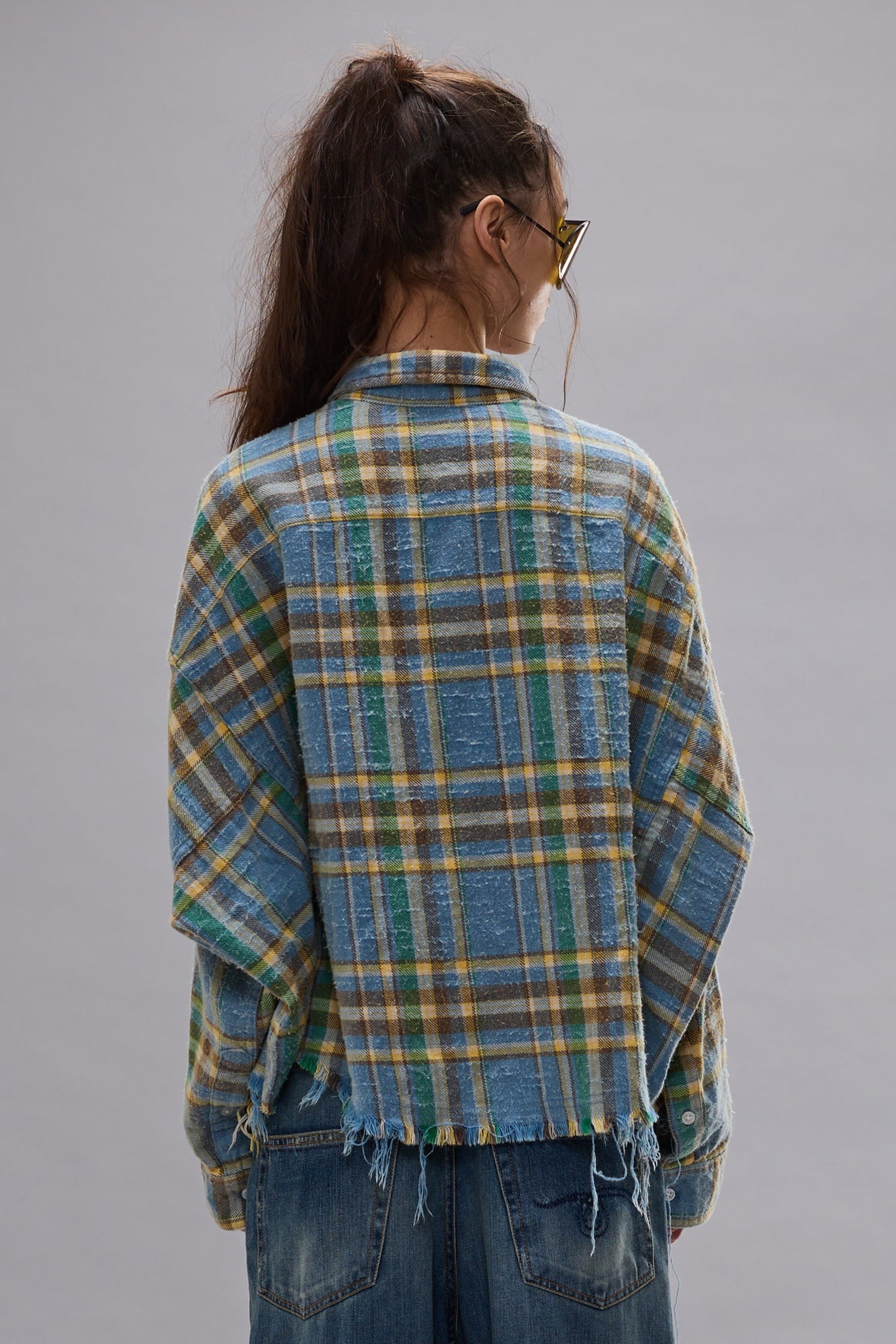 Cropped Work Shirt - Light Blue Plaid - R13