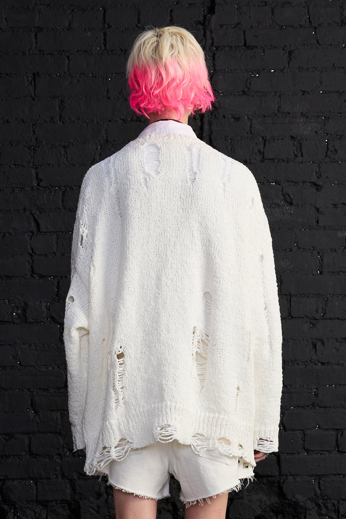 Distressed Oversized Cardigan - White - R13
