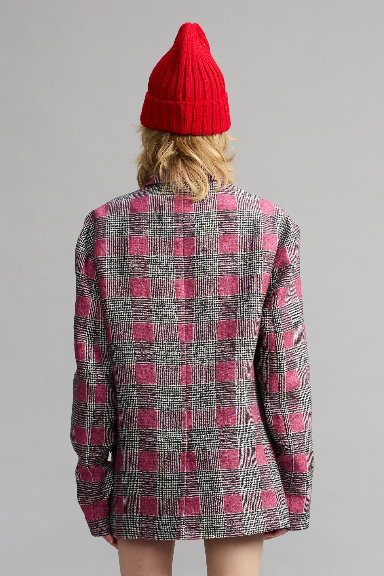 DOUBLE-BREASTED PEAK LAPEL RAGGED BLAZER - PINK GLEN PLAID - R13