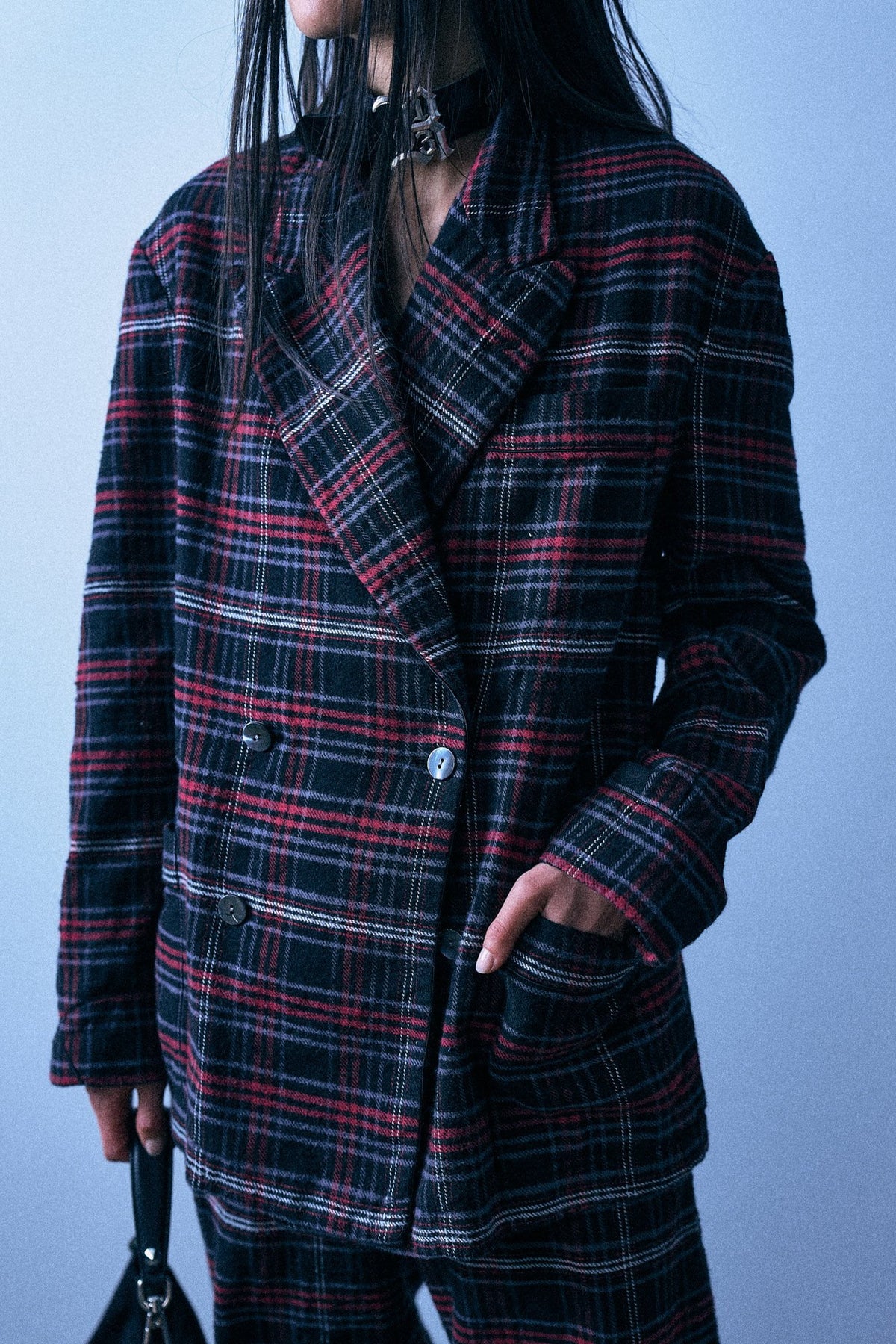 Double Breasted Peak Lapel Ragged Blazer With Piping - Black Red Plaid - R13