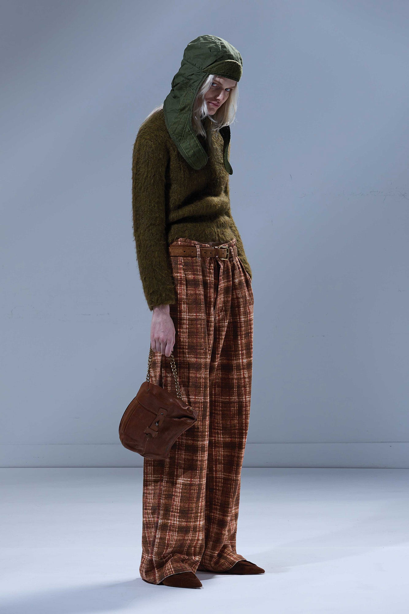 DOUBLE PLEAT SWEATPANT PRINTED PLAID BROWN