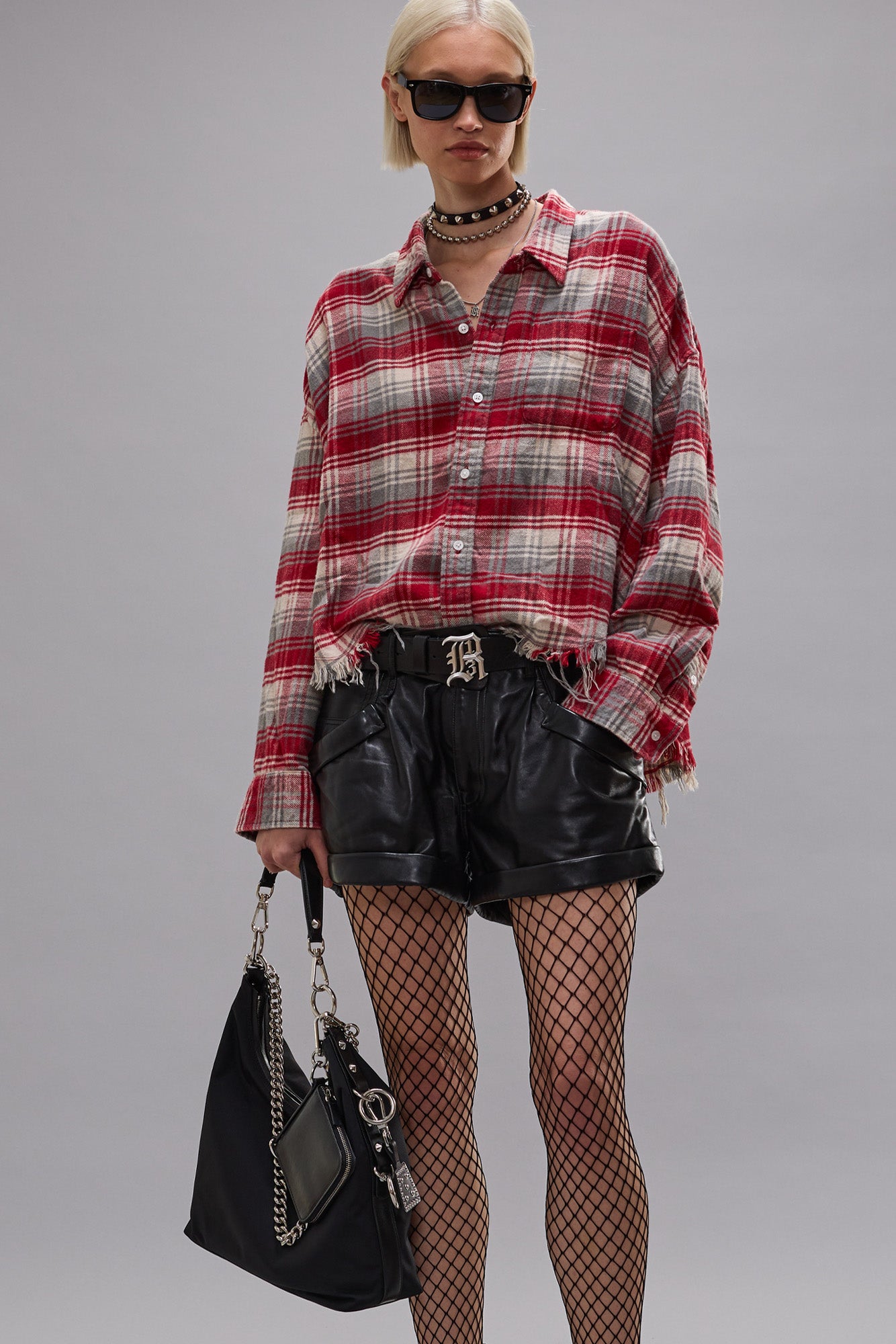 DROP NECK CROPPED SHIRT - RED GREY PLAID - R13