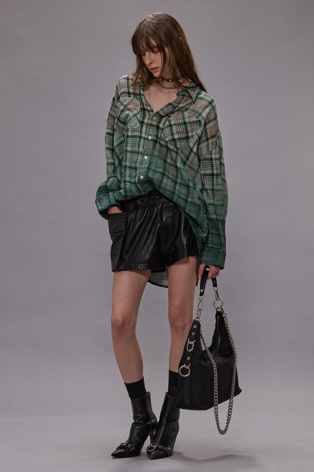 DROP NECK WORKSHIRT - DIPPED BLACK TURQUOISE PLAID - DIPPED BLACK TURQUOISE PLAID - R13