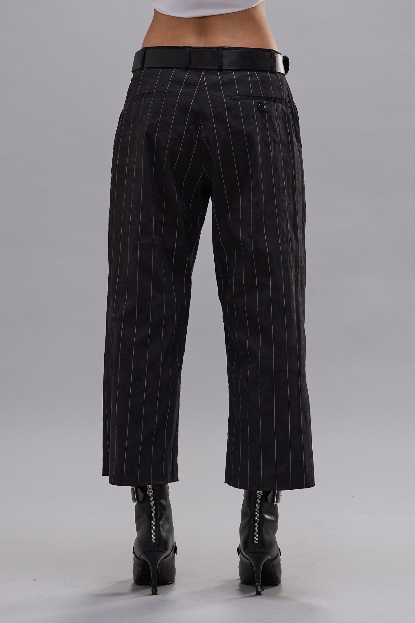 FRONT ZIP TROUSER - BLACK SILVER WIDE PINSTRIPE - R13