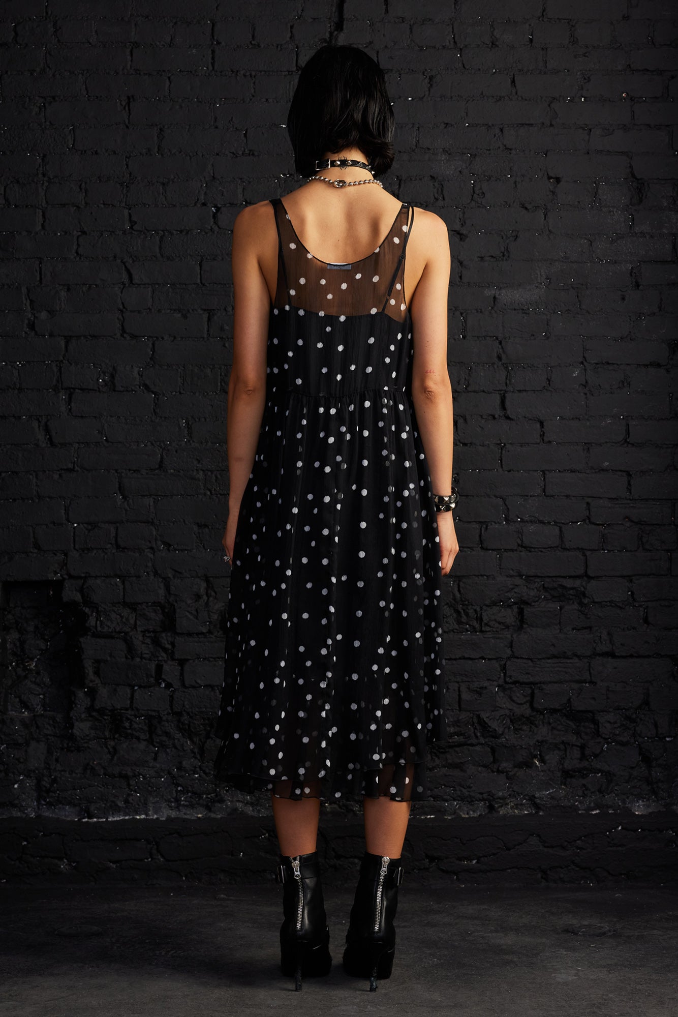 Gathered Tank Dress - Black With White Scattered Dot - R13
