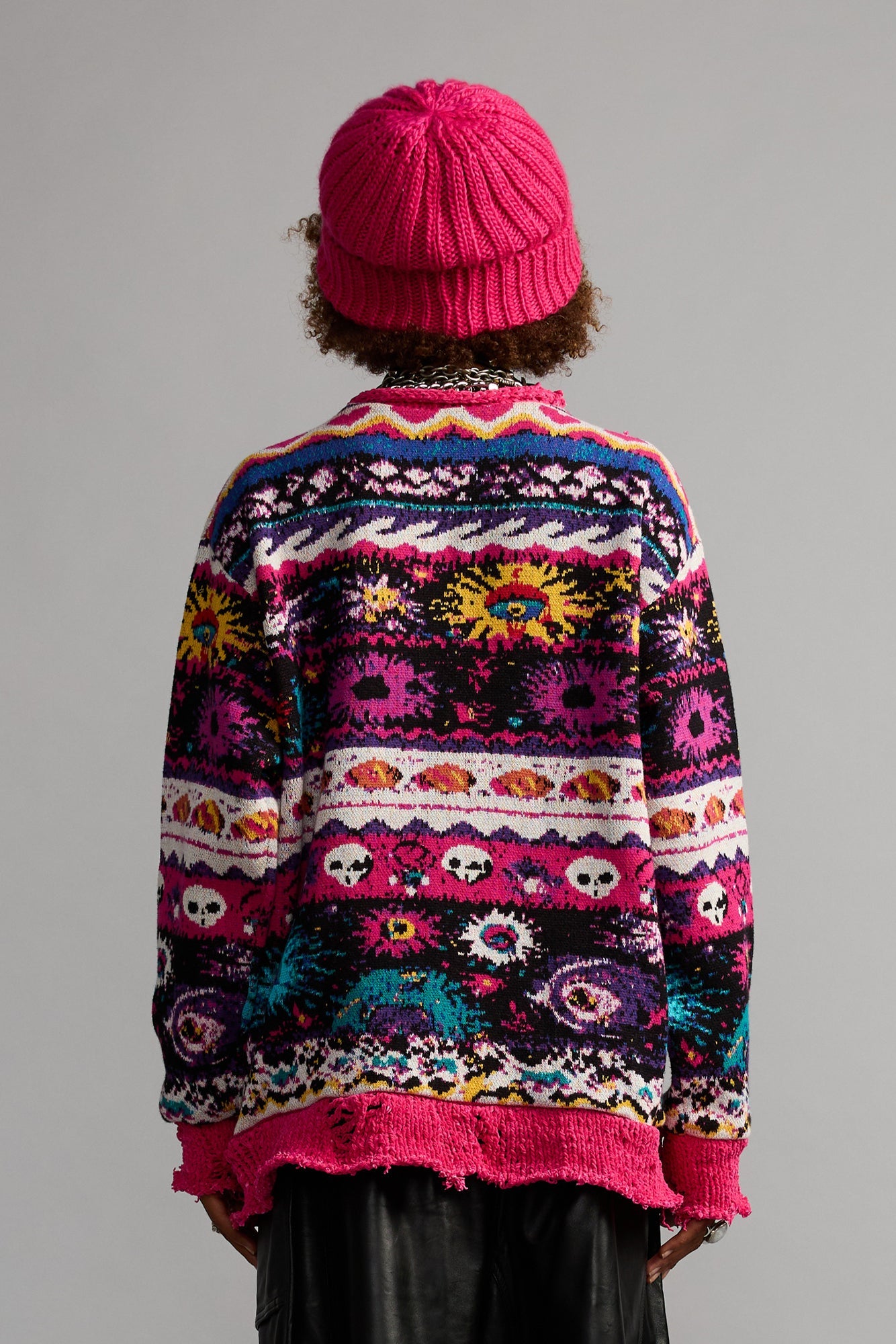 Jacquard Boyfriend Sweater - Multi Black Pink W Mini Skulls - R13