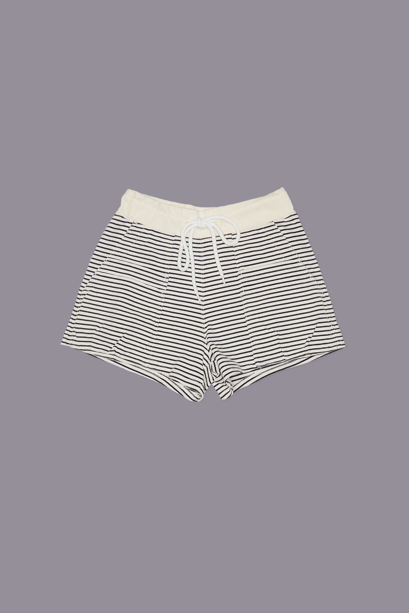 LAYERED POCKET SWEATSHORT - NAVY/ECRU NARROW STRIPE - R13