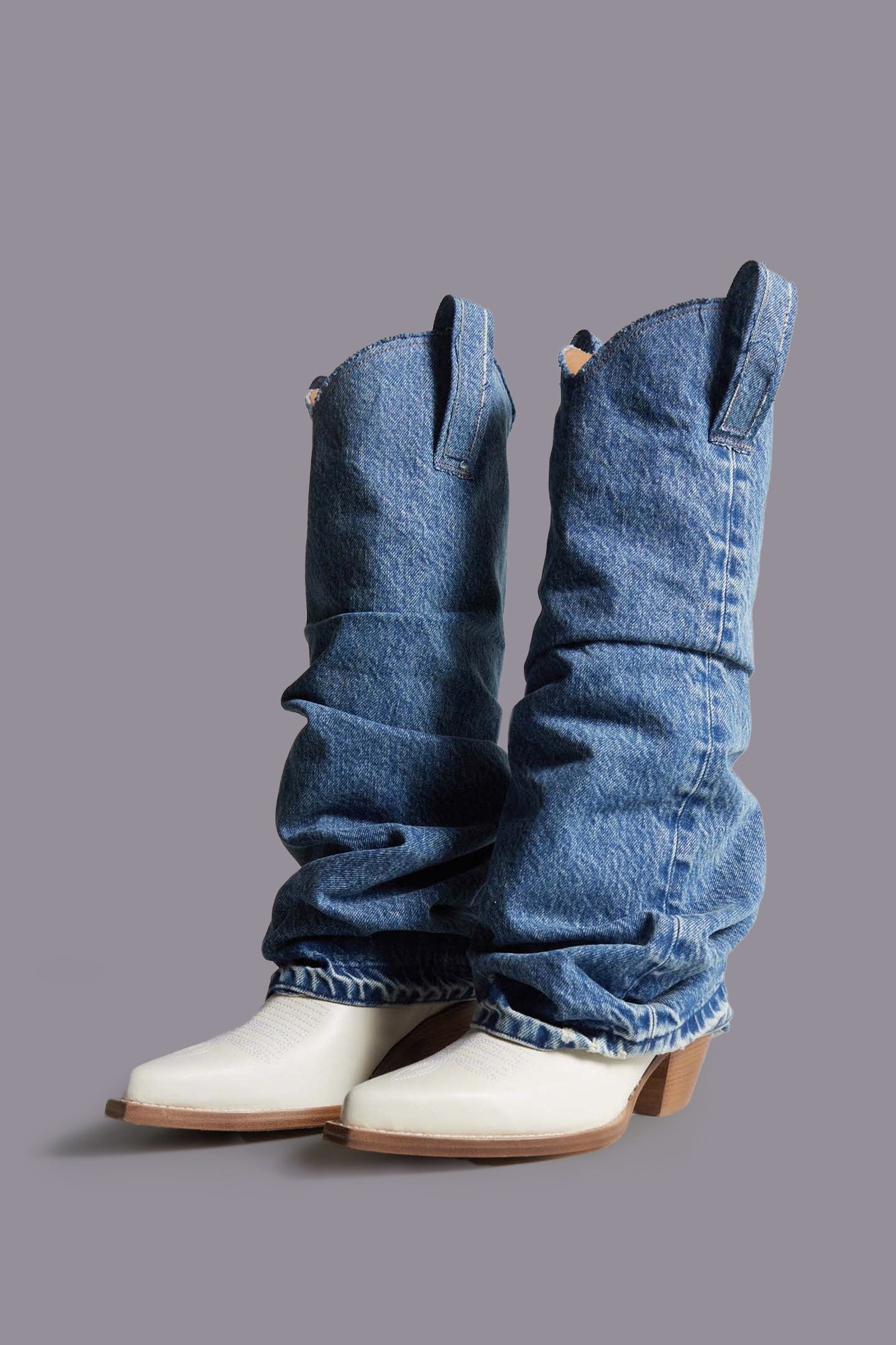 MID COWBOY BOOTS WITH DENIM SLEEVE - BLUE AND WHITE - R13