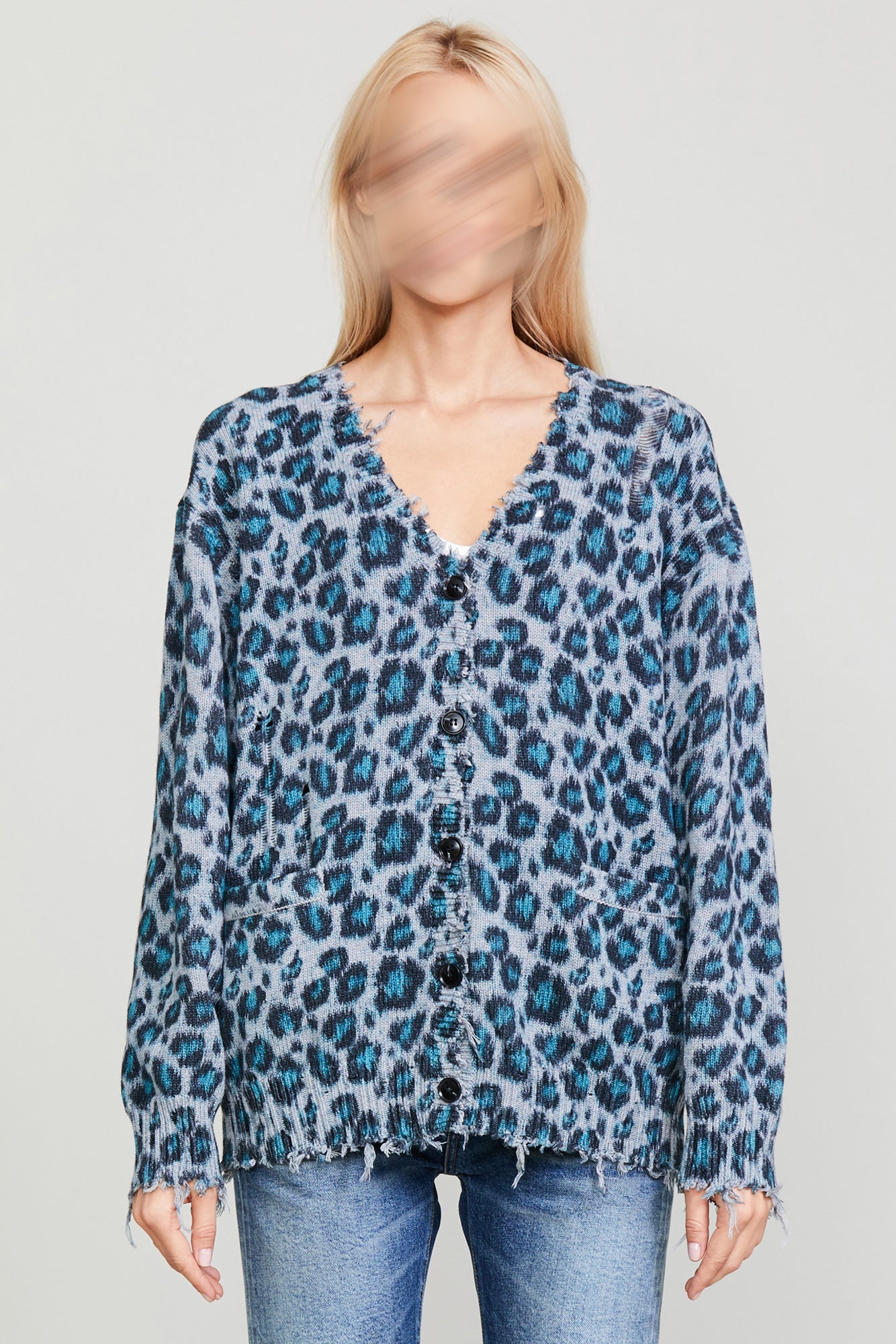 Oversized Distressed Edge Cardigan - Blue Leopard - R13
