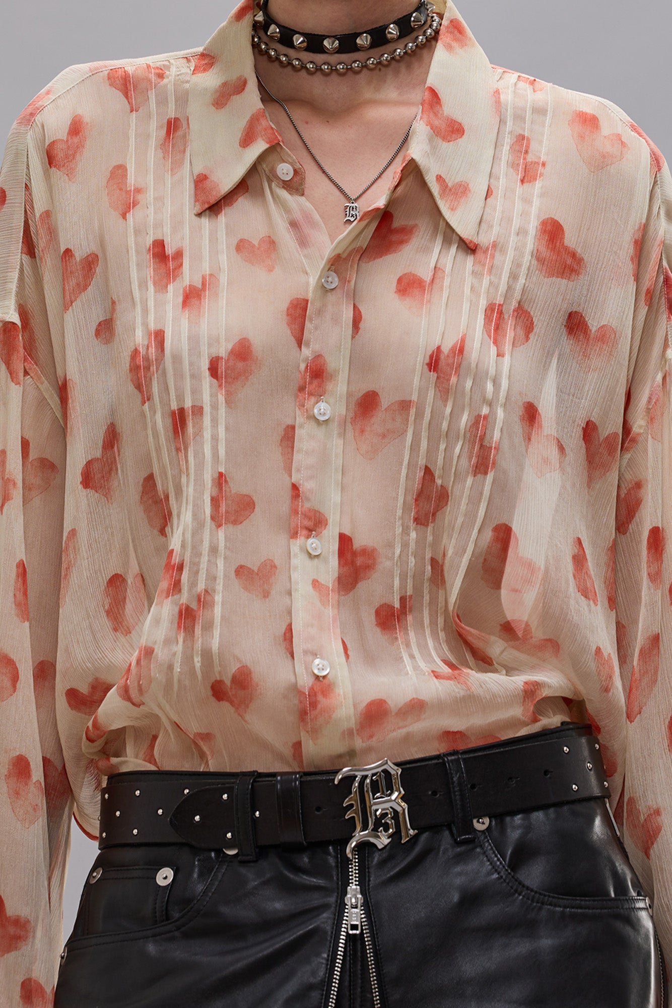 PINTUCK DROP NECK SHIRT - RED HEARTS ON CREAM - R13