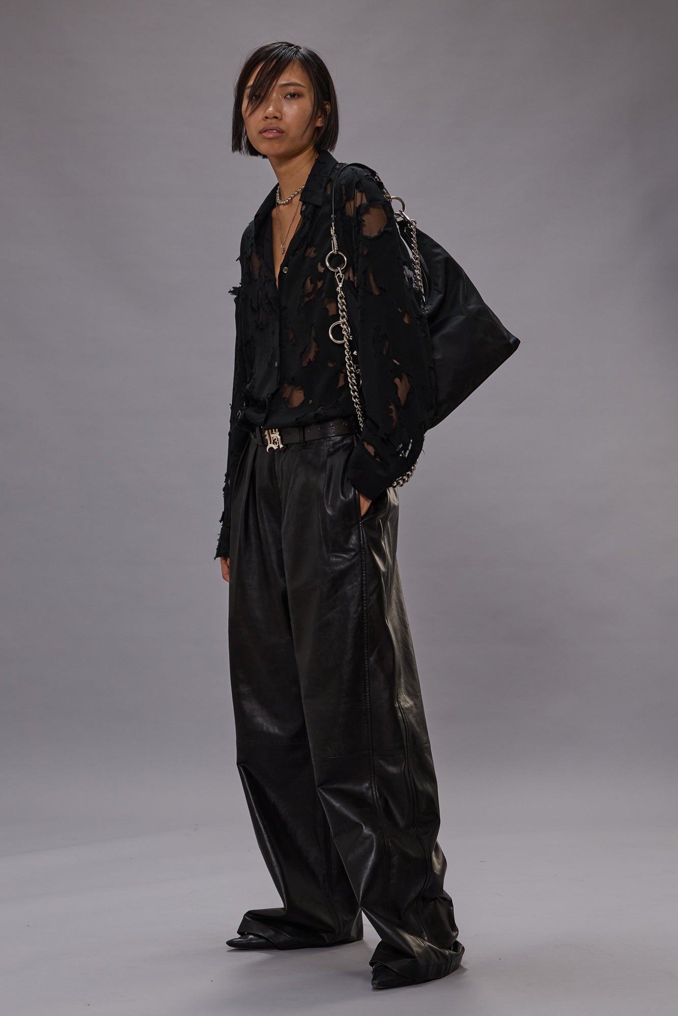 PLEATED WIDE LEG LEATHER PANT - BLACK - BLACK - R13