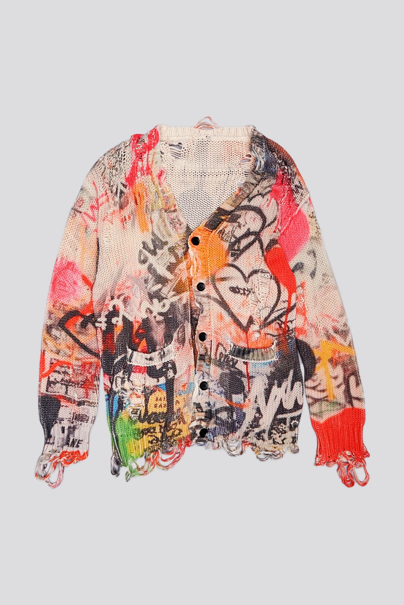 Printed Boyfriend Cardigan - Heart Graffiti Print - R13