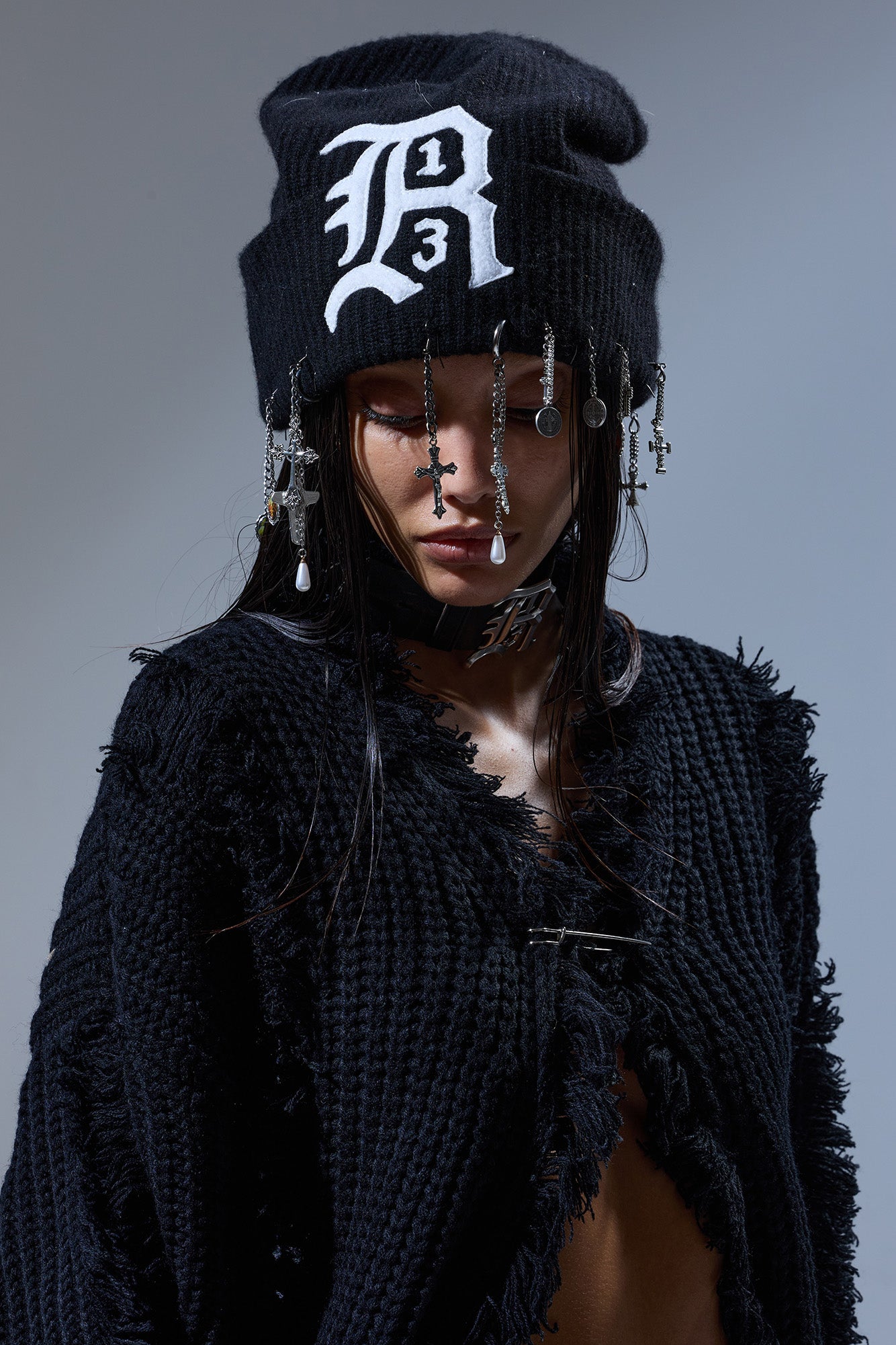 R13 CASHMERE BEANIE W/CHAINS - BLACK - R13
