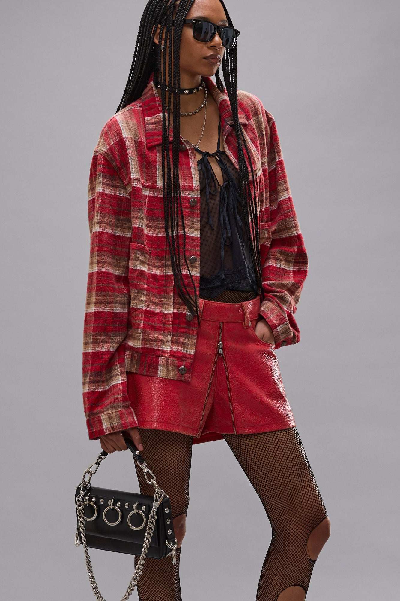 RELAXED PLEATED TRUCKER JACKET - RED PLAID - R13