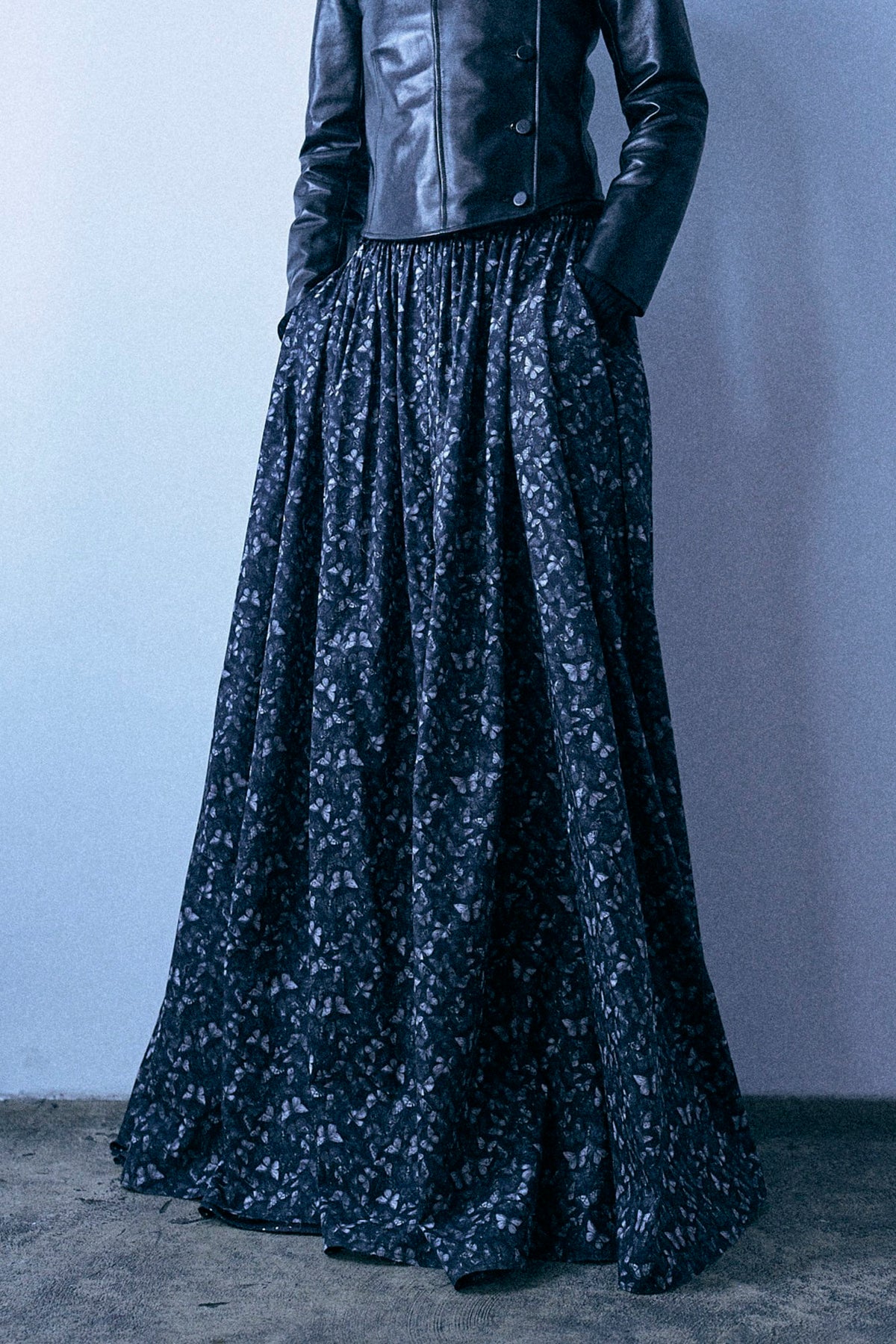 Reversible Floor Length Skirt - Black And White Small Butterfly With Reverse Polka Dot - R13