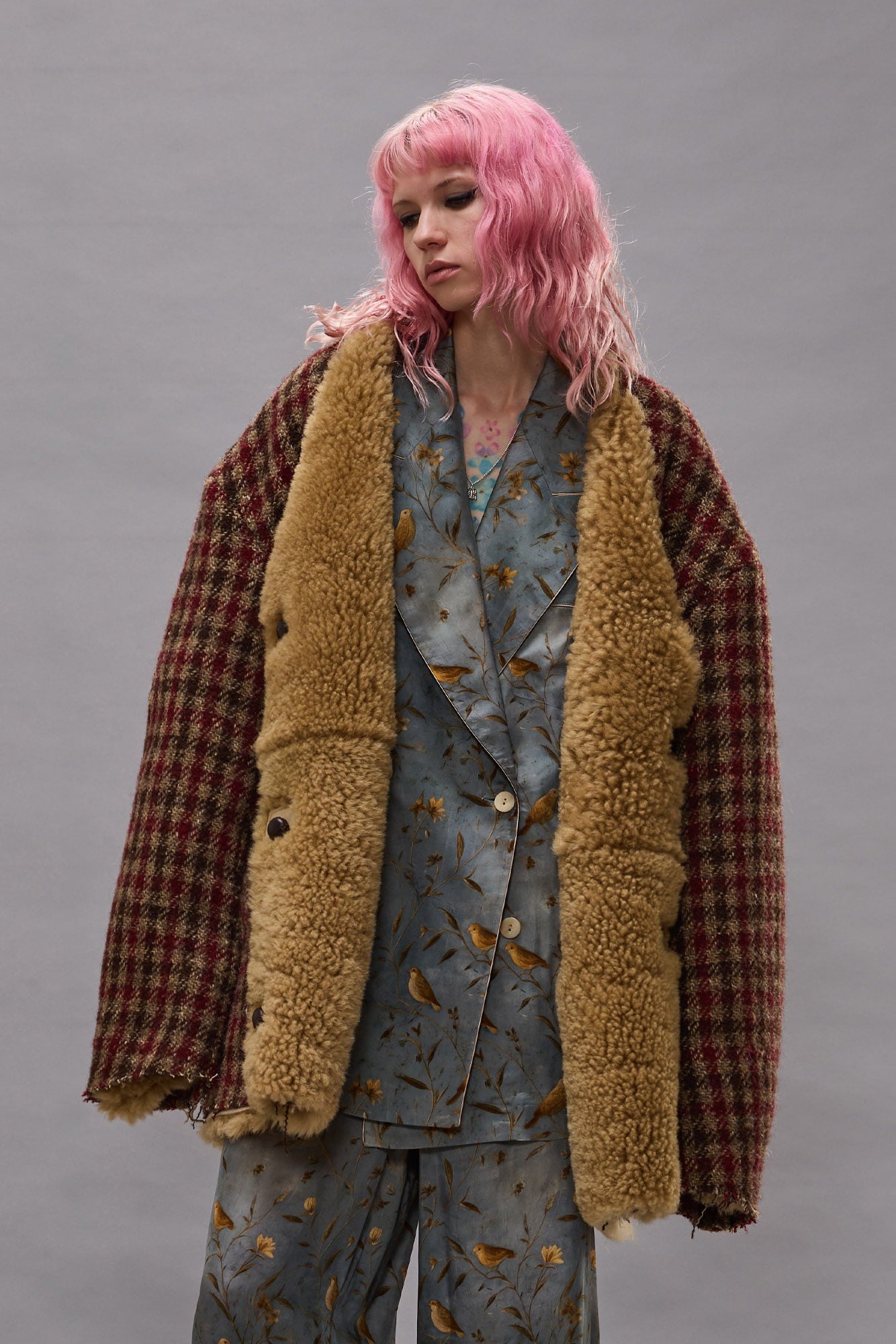 Reversible Oversized Raw Edge Woven Cardigan Jacket - Khaki Red Check - R13
