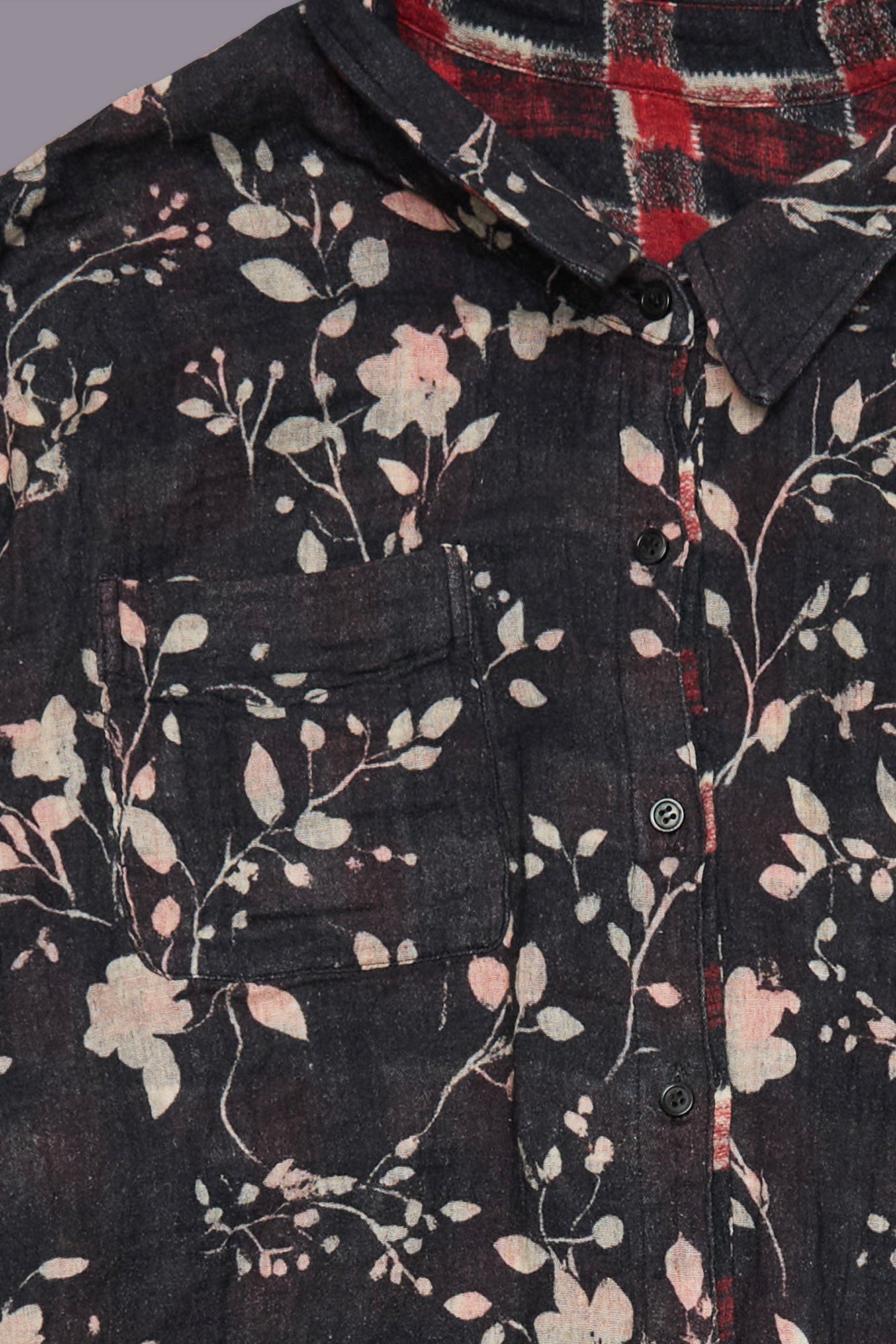 REVERSIBLE SHREDDED SEAM DROP NECK SHIRT - RED BLACK PLAID W CREAM FLORAL ON BLACK - R13