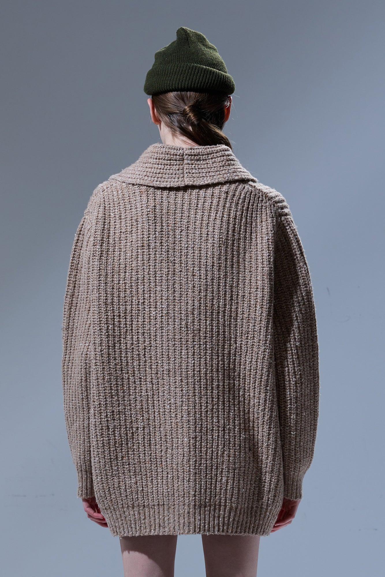 SHAWL COLLAR ELONGATED CARDIGAN - TAN TWEED BROWN - R13