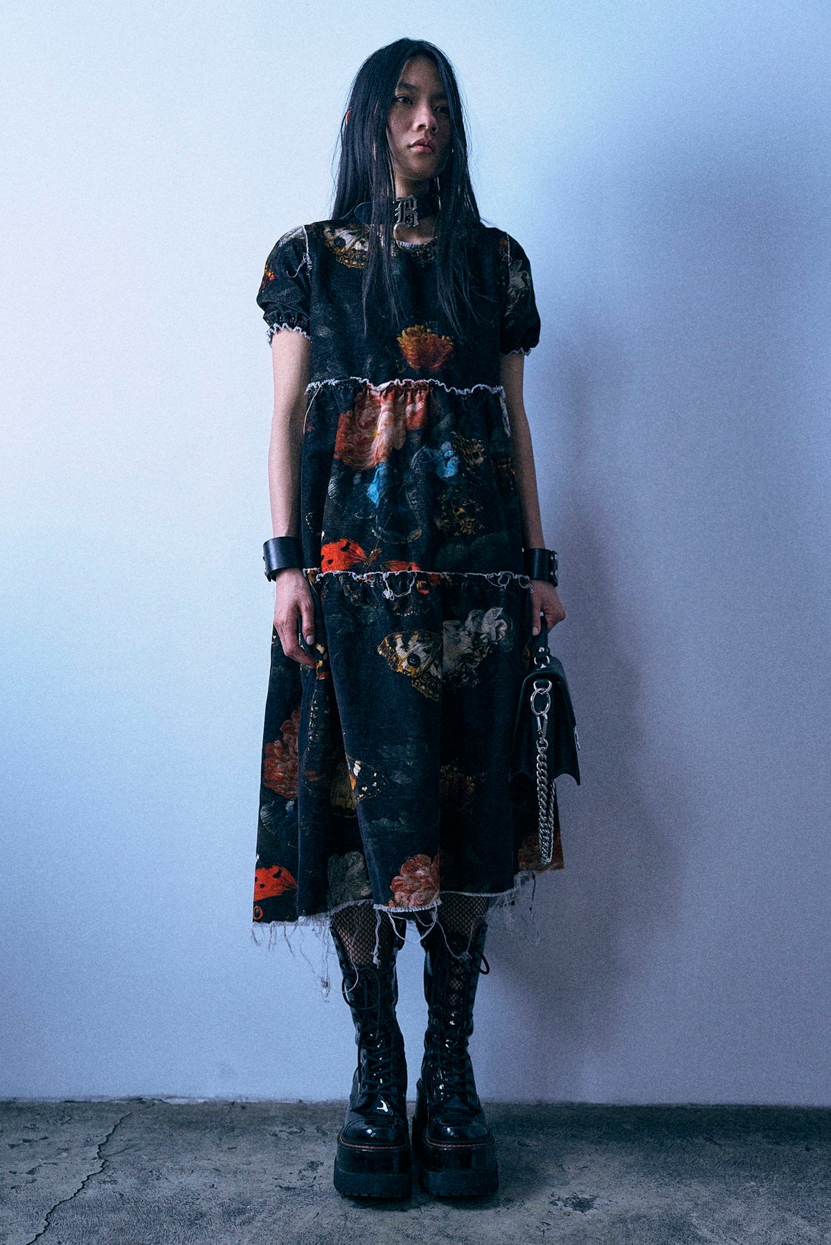 Shredded Relaxed Midi - Floral Butterfly On Black - R13