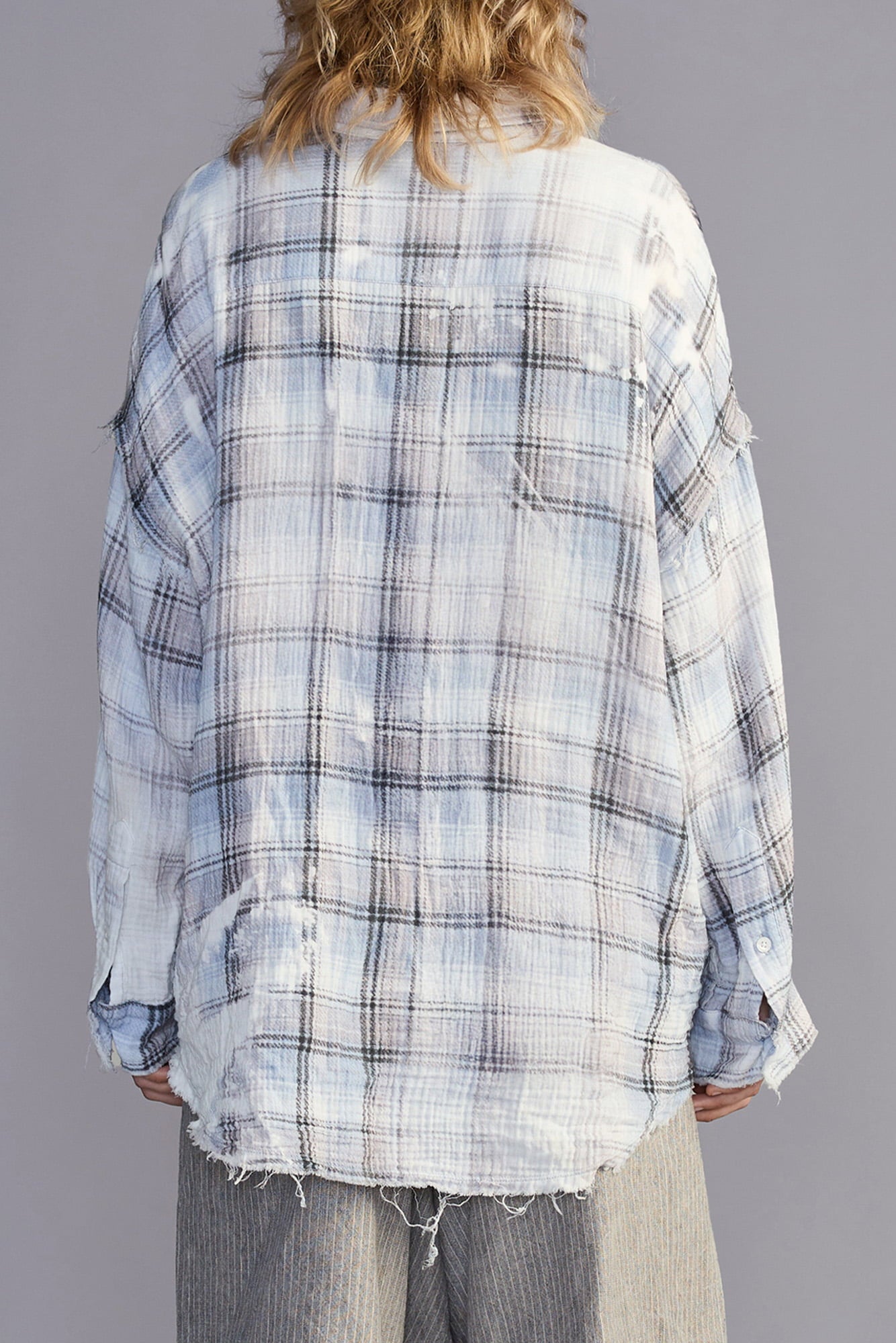 Shredded Seam Drop Neck Shirt - Blue Bleached Plaid - R13