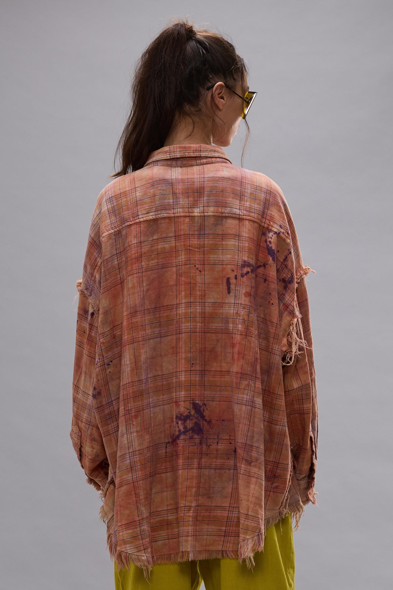 SHREDDED SEAM DROP NECK SHIRT - OVERDYED ORANGE PURPLE PLAID - R13