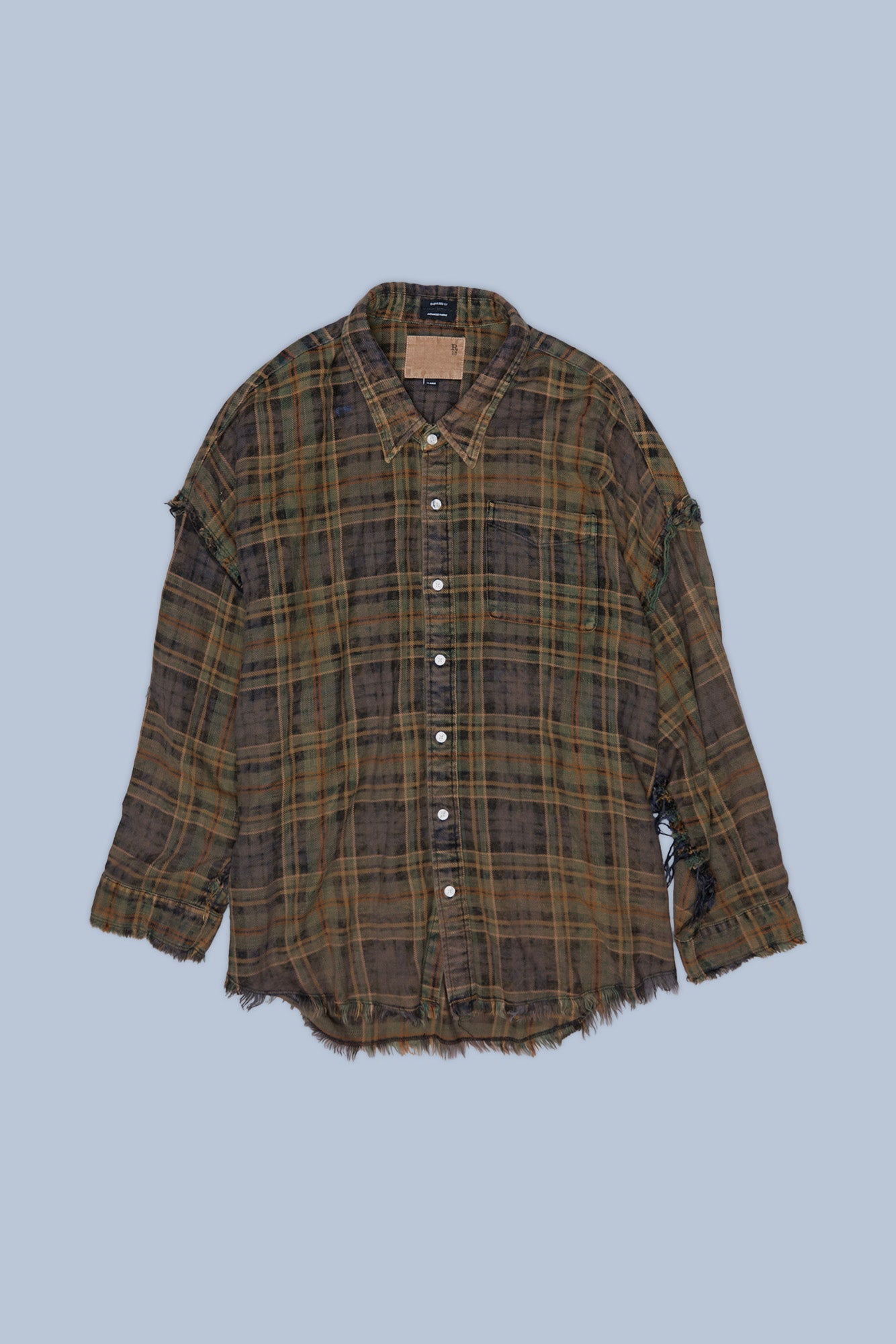 SHREDDED SEAM DROP NECK SHIRT - TEAL / NAVY / YELLOW PLAID BROWN - R13