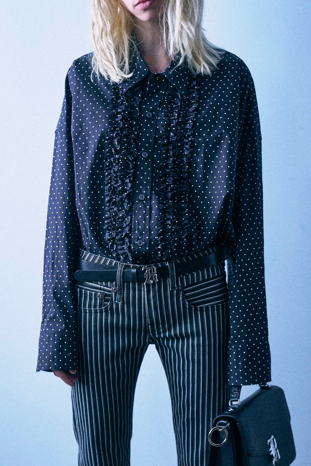 Shredded Seam Ruffle Shirt - Black And White Polka Dot - R13