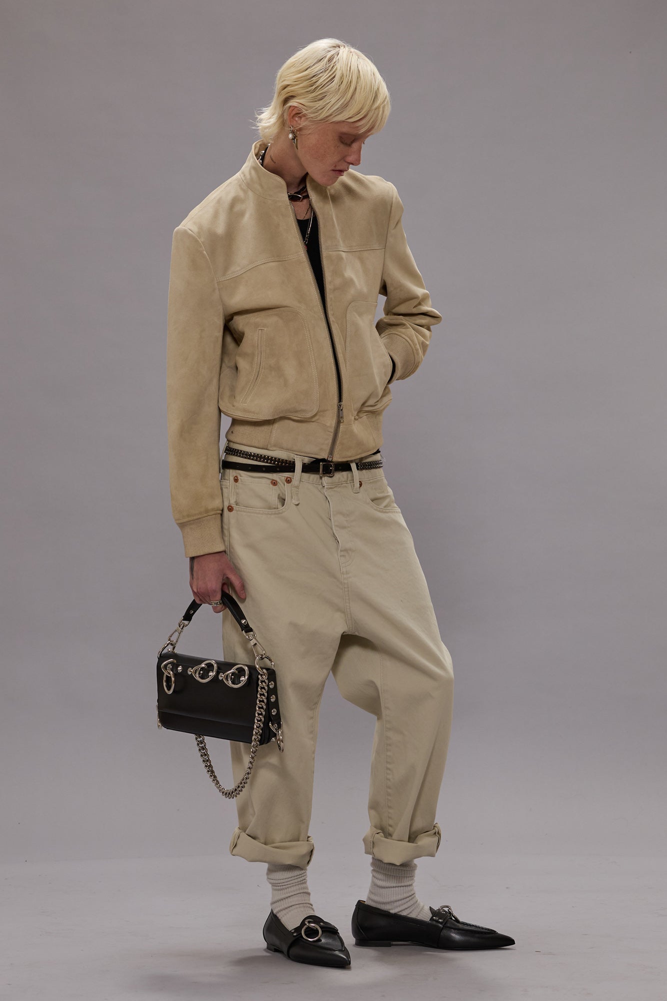 SHRUNKEN LEATHER JACKET WITH STAND COLLAR - STONE - R13