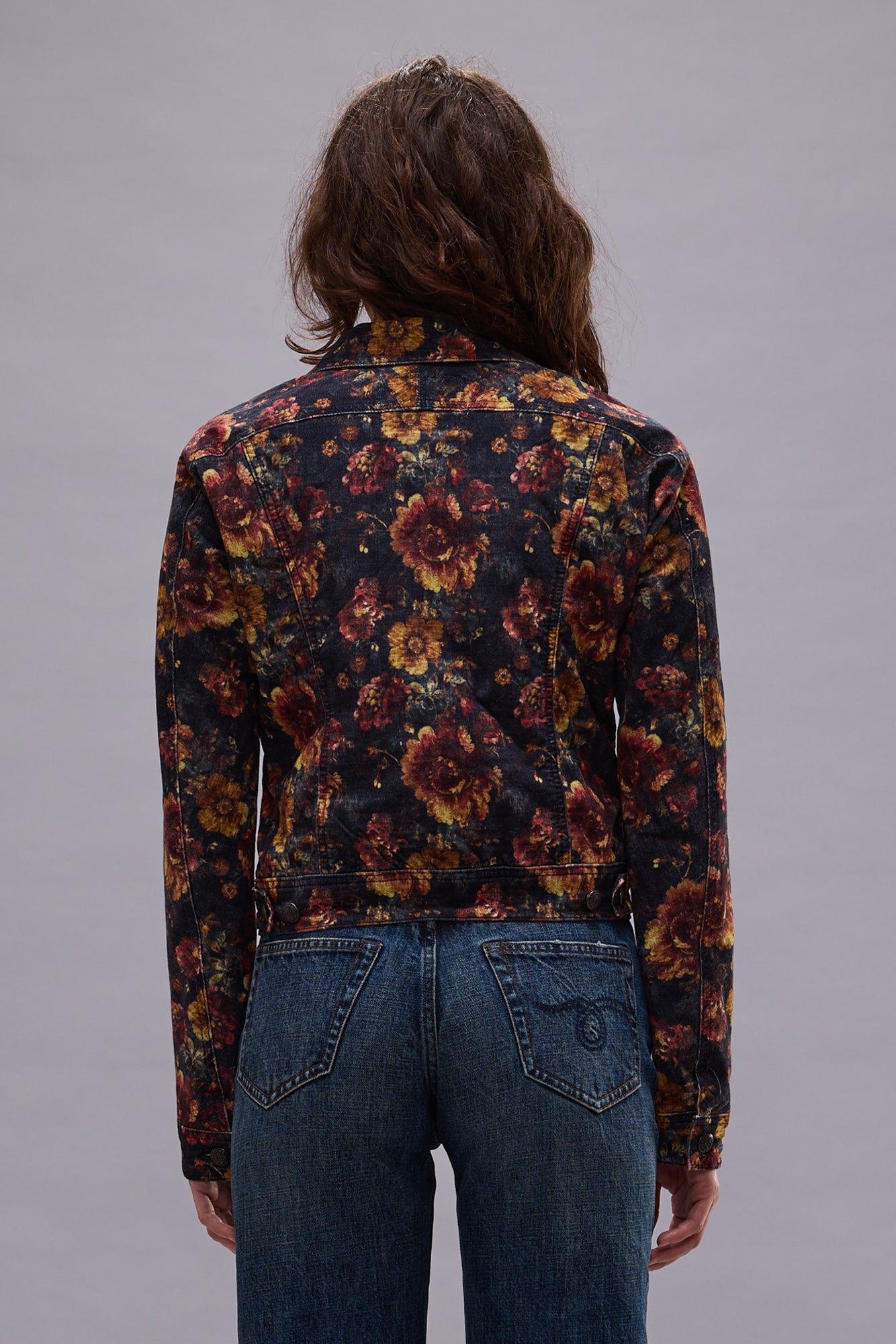 SKINNY TRUCKER JACKET - NAVY BLUE FLORAL VELVETEEN - R13