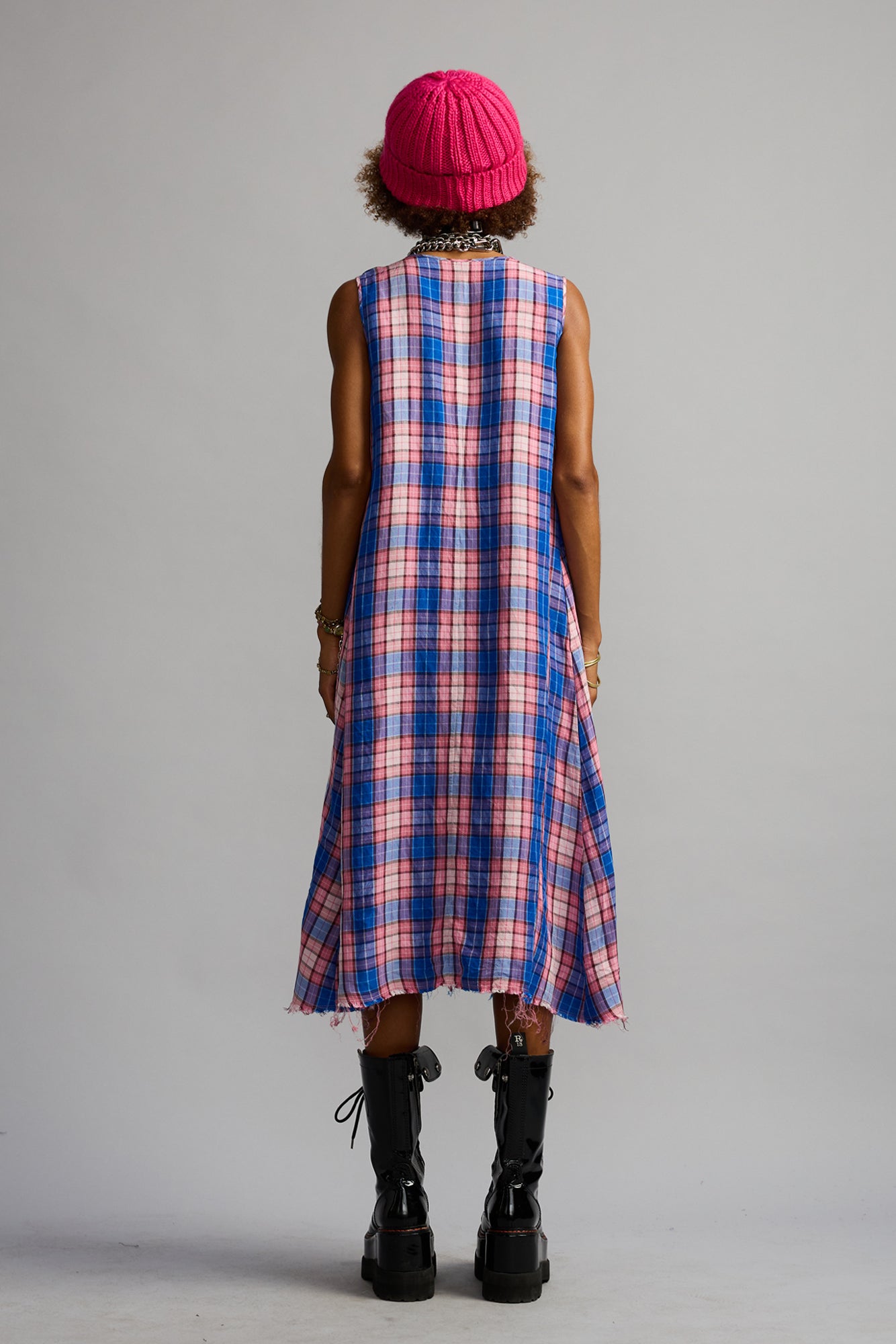 Sleeveless Midi With Ruffles - Blue Pink Plaid - R13