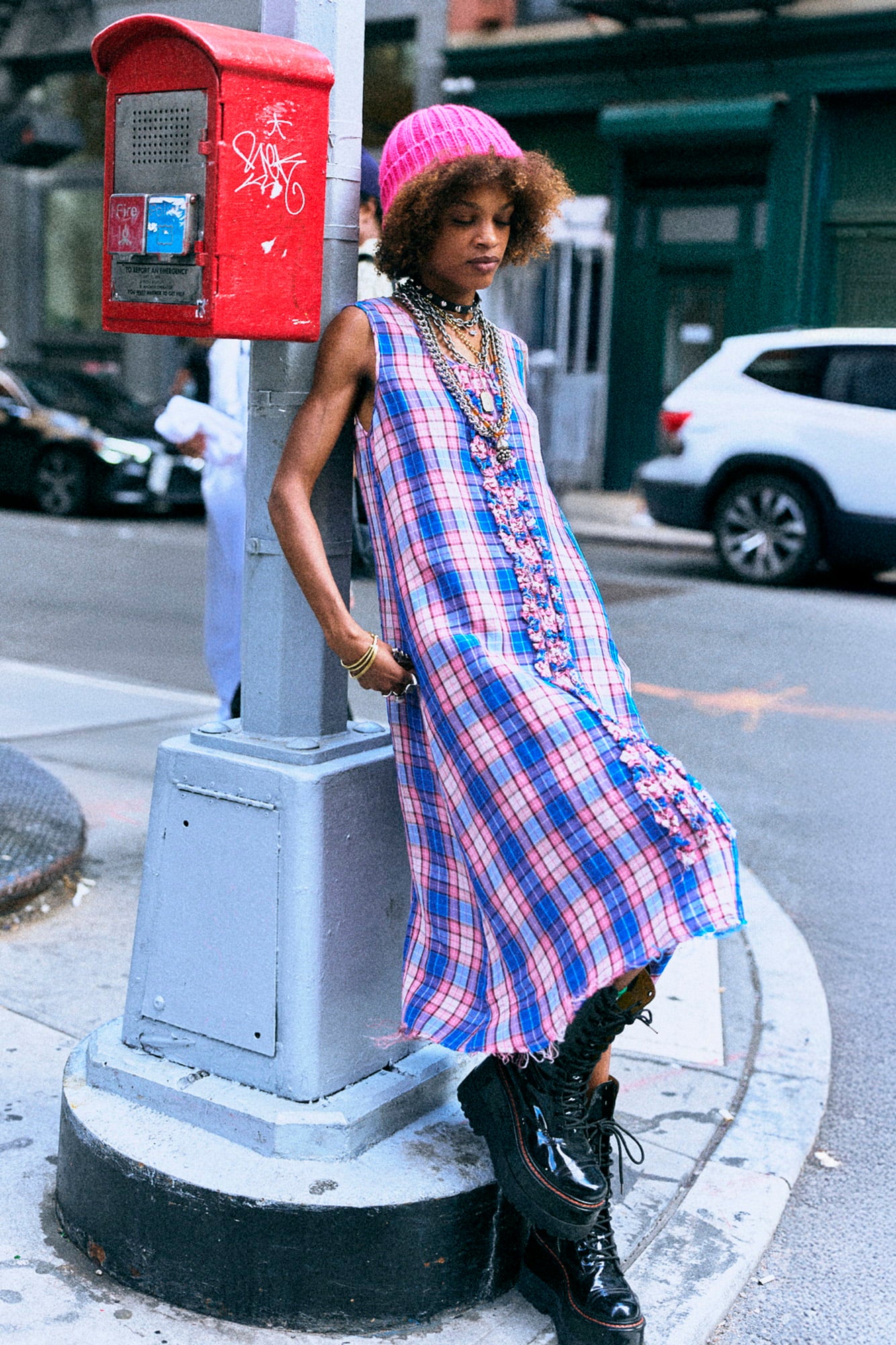 SLEEVELESS MIDI WITH RUFFLES - BLUE PINK PLAID - R13 SLEEVELESS MIDI WITH RUFFLES - BLUE PINK PLAID - R13