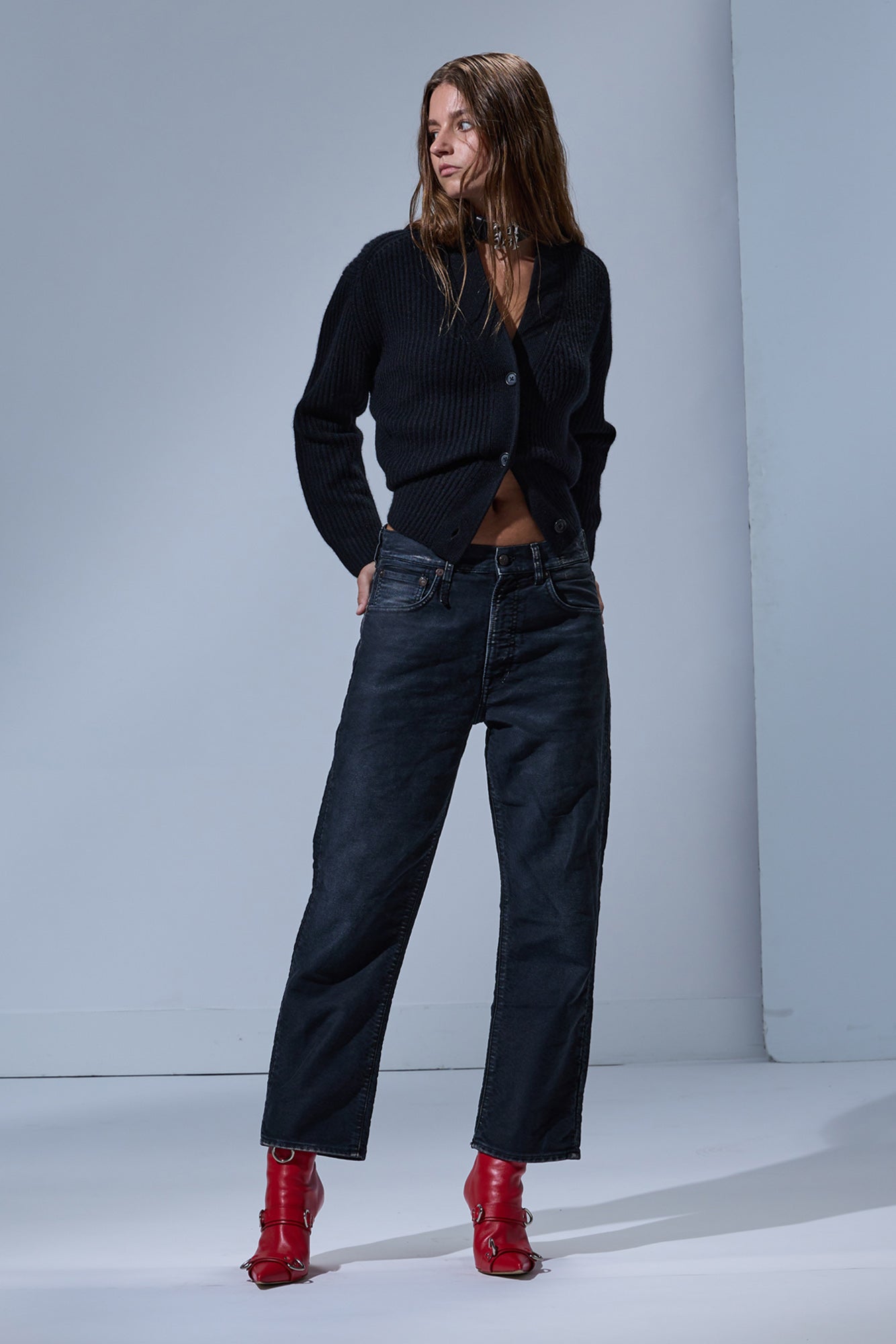 SPLIT HEM RIBBED CARDIGAN - BLACK - R13