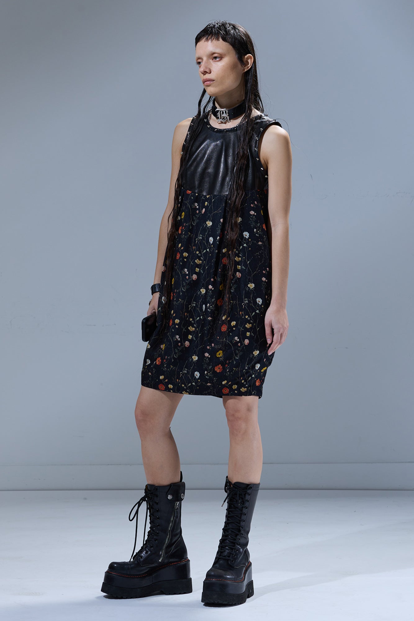 STUDDED COCOON DRESS - BLACK WITH FLORAL - R13