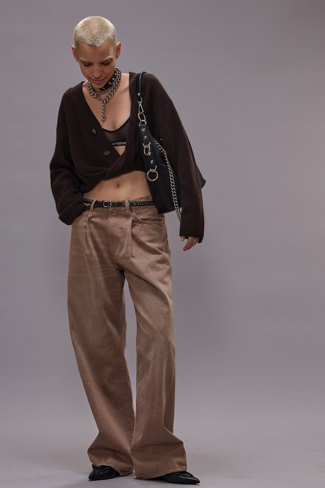 TWISTED FRONT RIBBED CARDIGAN - DARK BROWN - R13