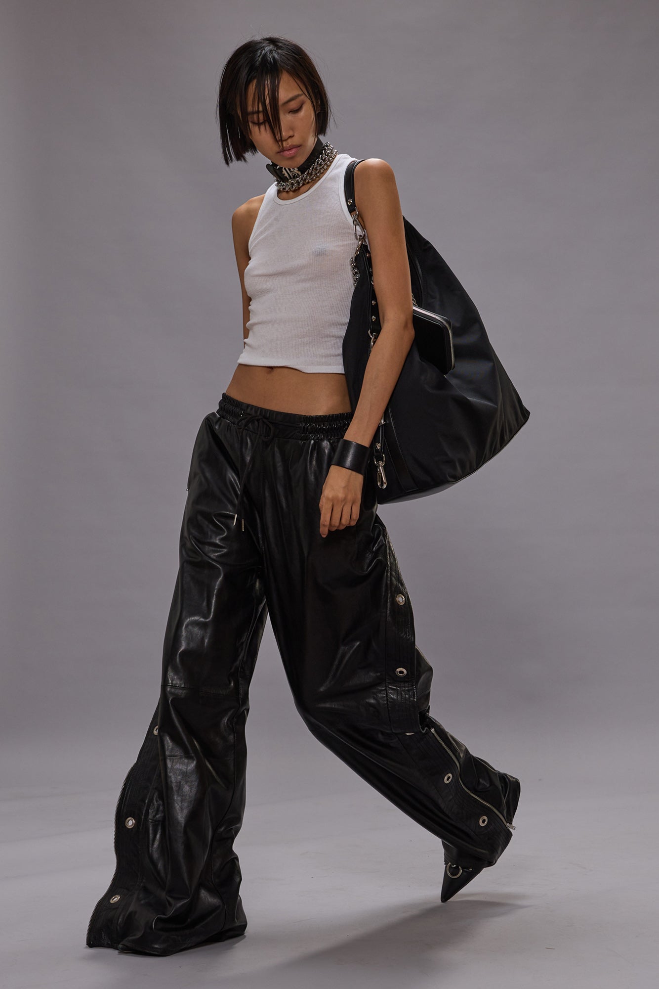 WIDE LEG LEATHER PANT WITH TRAPUNTO STITCHING - BLACK - BLACK - R13