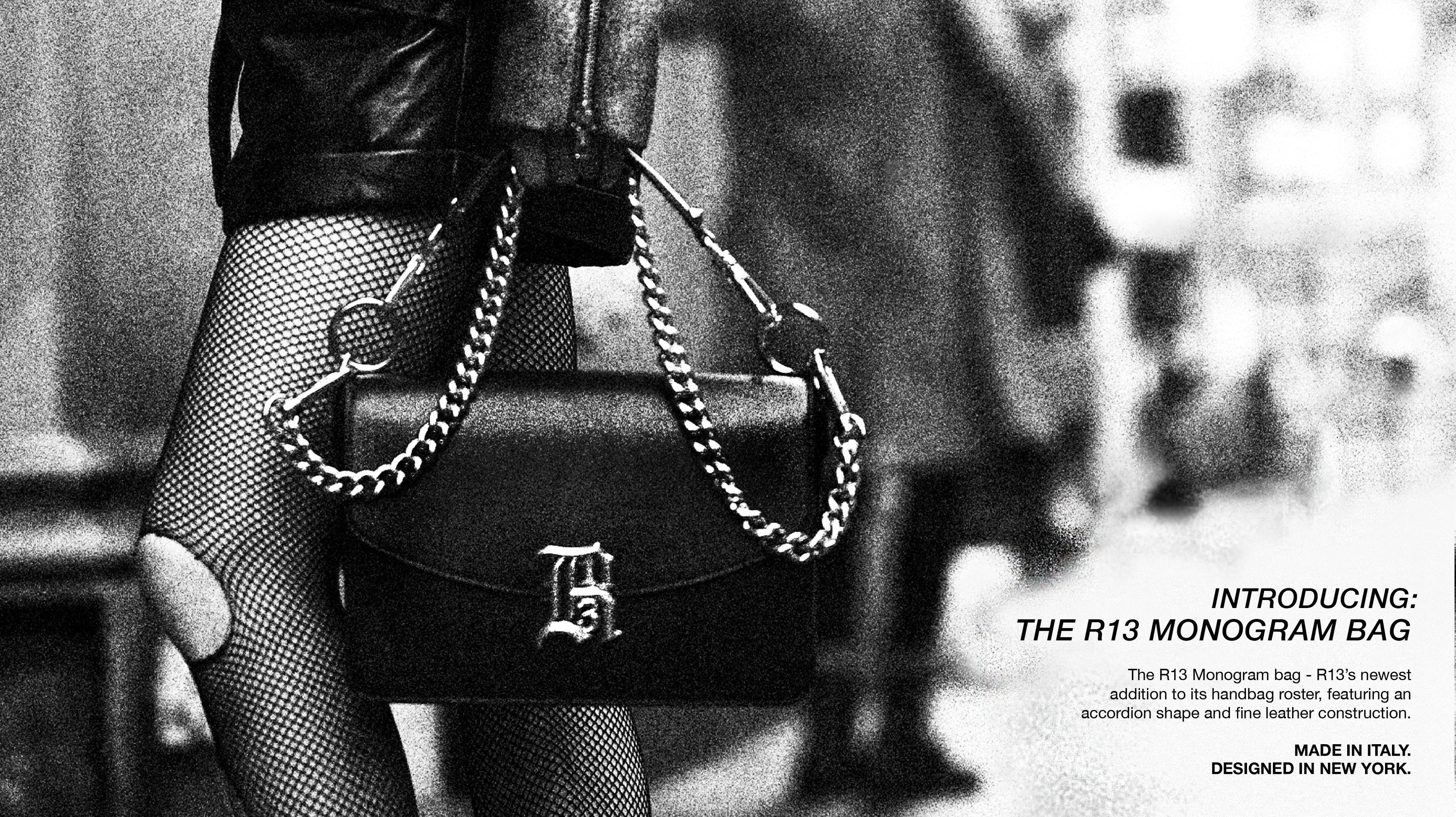 R13 monogram bag with chain strap in black leather