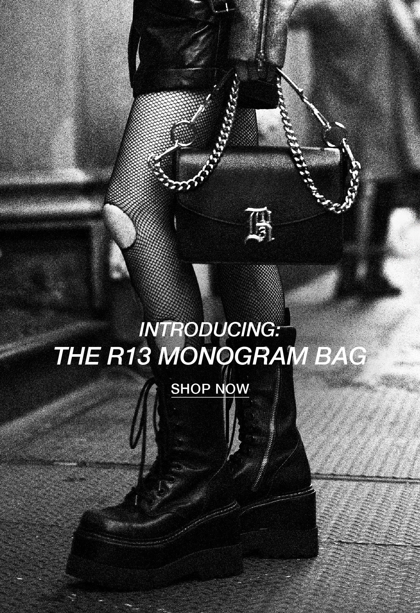 R13 monogram bag in black leather with chain strap