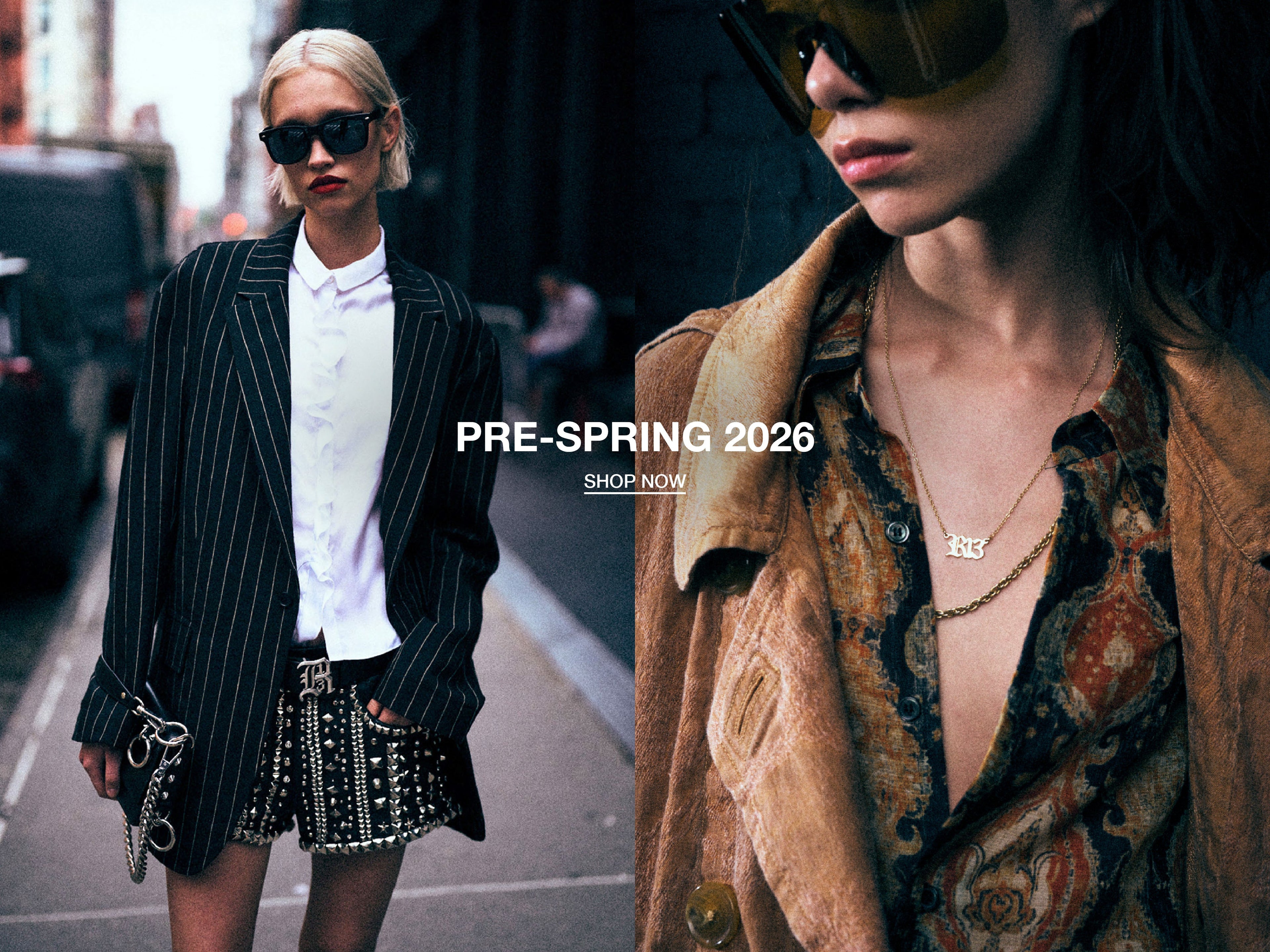 Pinstripe blazer with studded black leather shorts and printed shirt layered under tan suede jacket