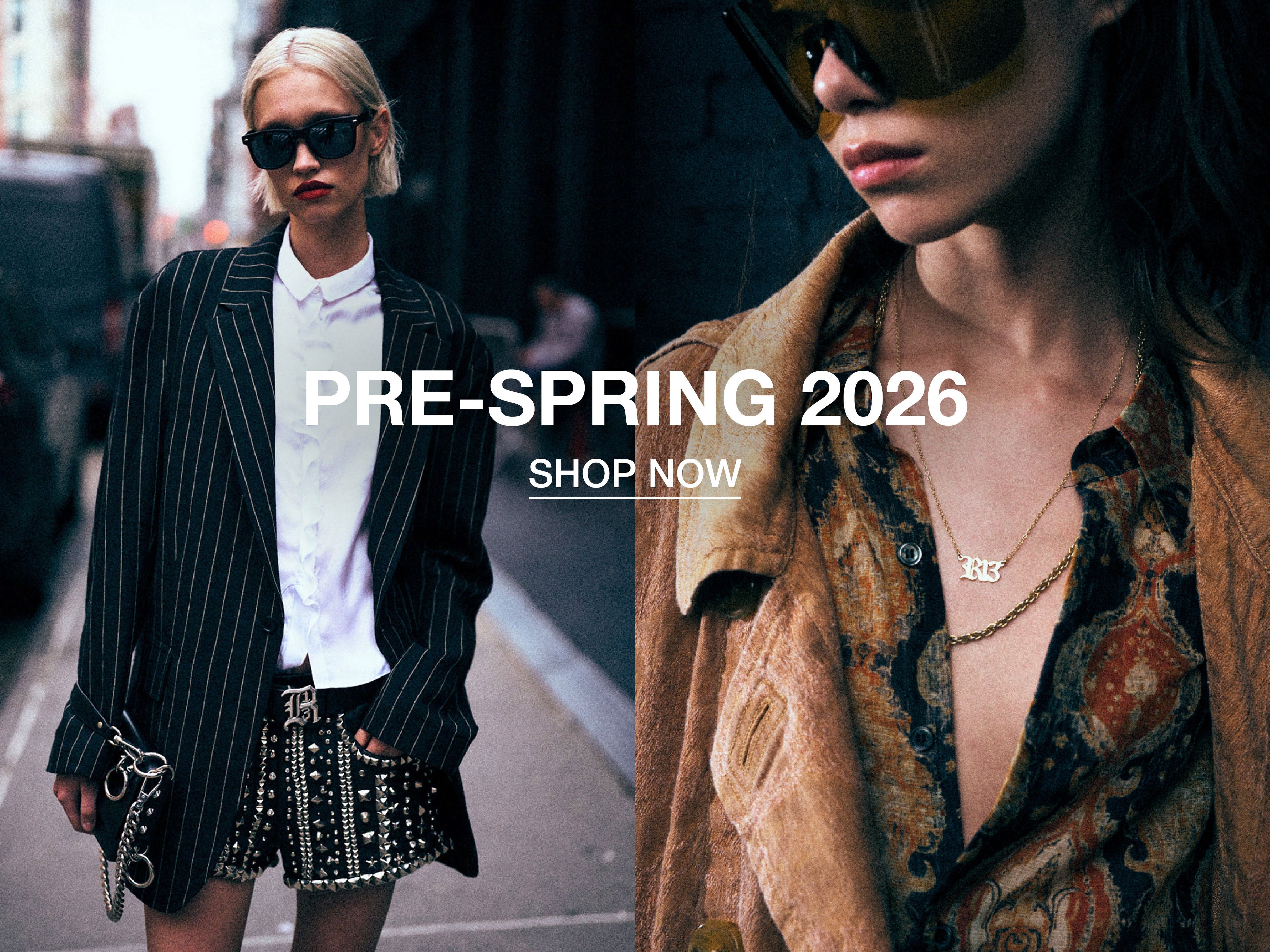 Pinstripe blazer and embellished black leather shorts contrasted with printed shirt and tan suede jacket