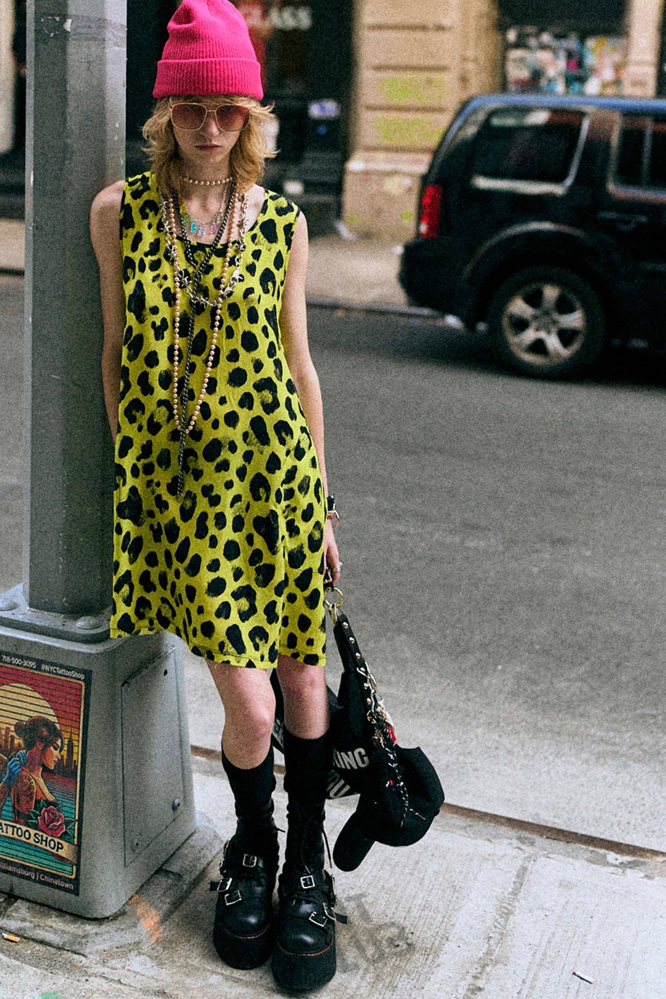 Vivid Leopard Print Dress Paired With Black Platform Boots And Beanie
