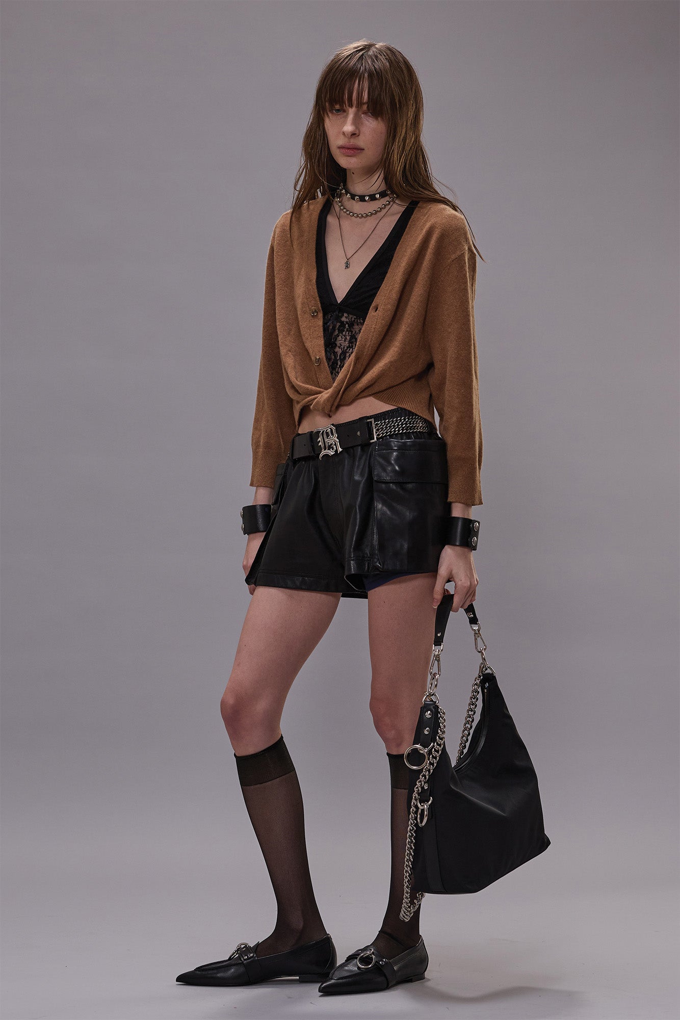 3/4 SLEEVE TWISTED FRONT CARDIGAN - LIGHT BROWN - R13