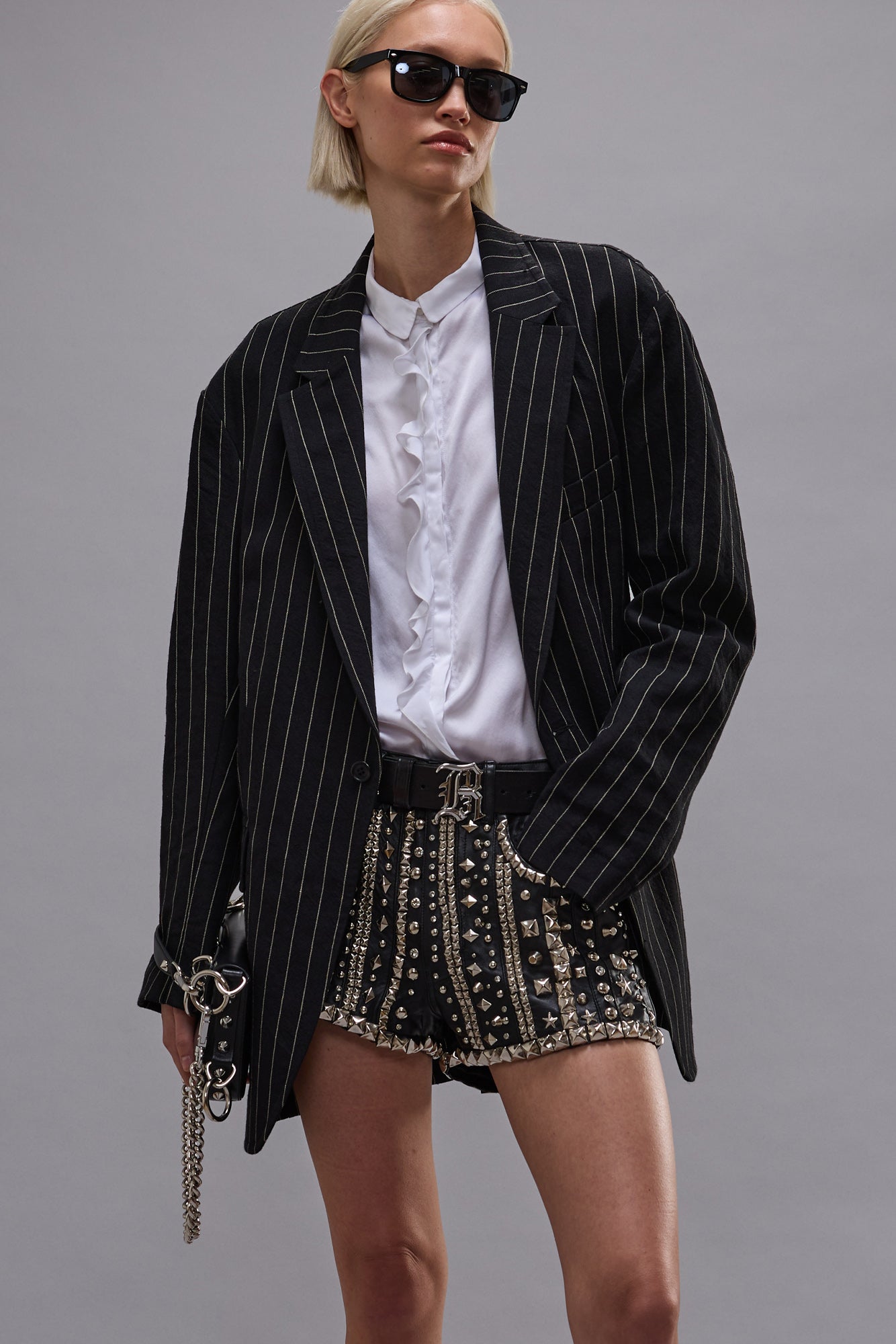 5-POCKET LEATHER SHORT - BLACK STRIPS WITH STUDS - R13