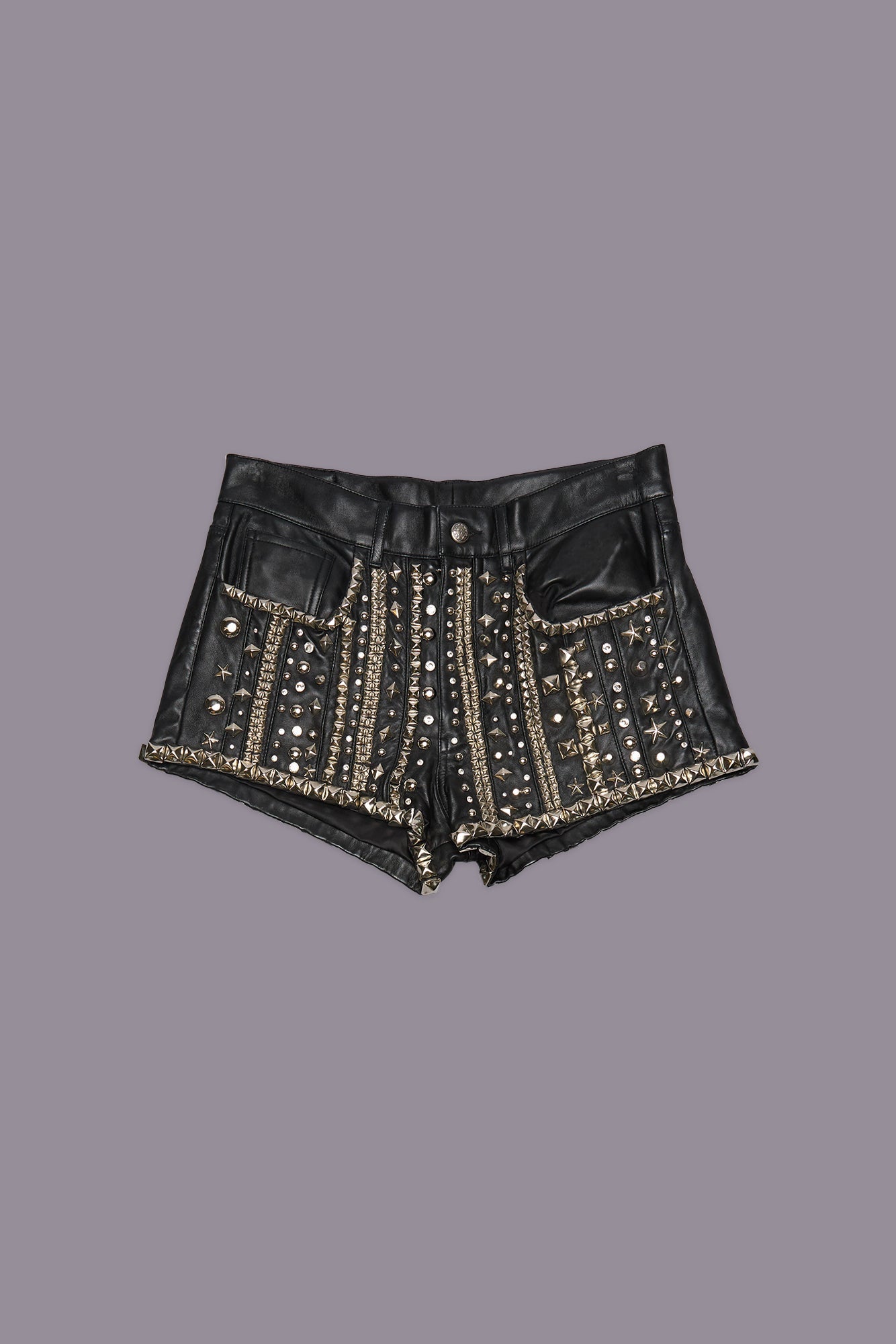 5-POCKET LEATHER SHORT - BLACK STRIPS WITH STUDS - R13