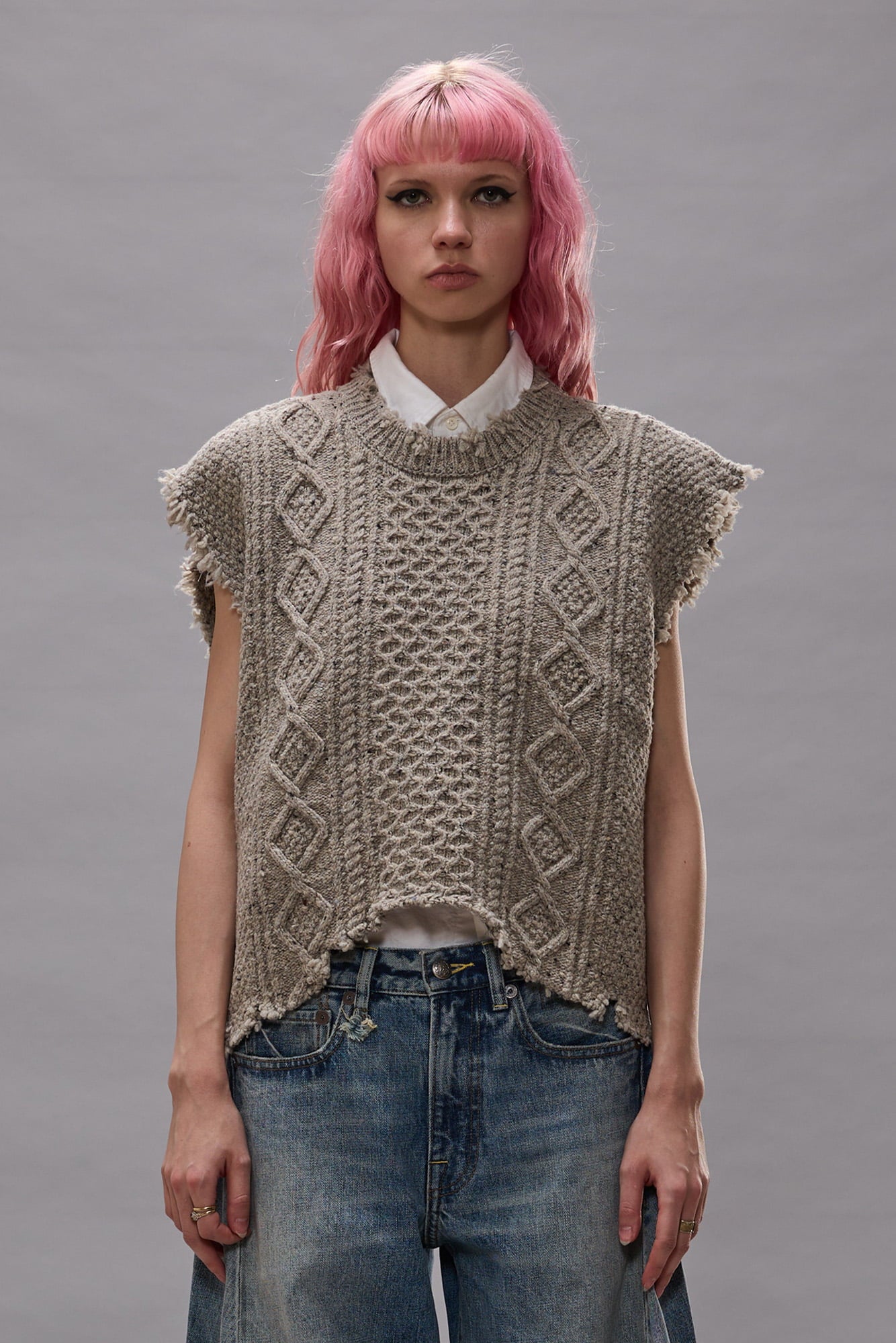 Boyfriend Cable Sweater Vest - Light Heather Grey Tweed - R13
